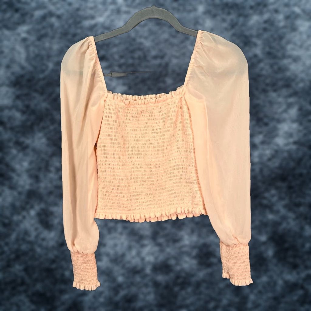 Vintage Wilfred Blouse Shirt Ladies Small Peach Pink Polyester Chiffon Long Sheer Sleeves Square Neck Ruffle Accent Size S / US 4 / IT 40 - 1 Thumbnail