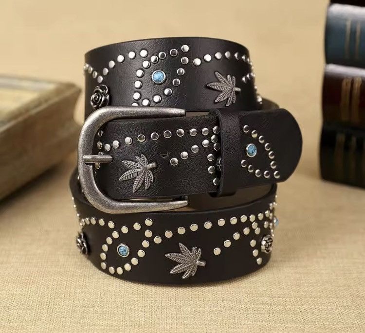 Japanese Brand MAPLE Leave Alloy Rivet Pu Leather Belt 122 cm Size 34 - 1 Thumbnail