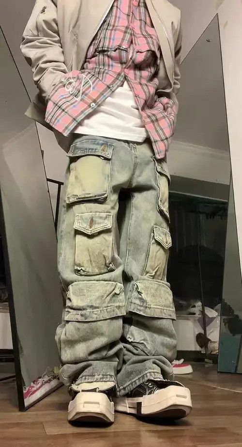 Jean Retro yellow mud-dyed washed distressed multi-pocket jeans Size US 34 / EU 50 - 2 Thumbnail