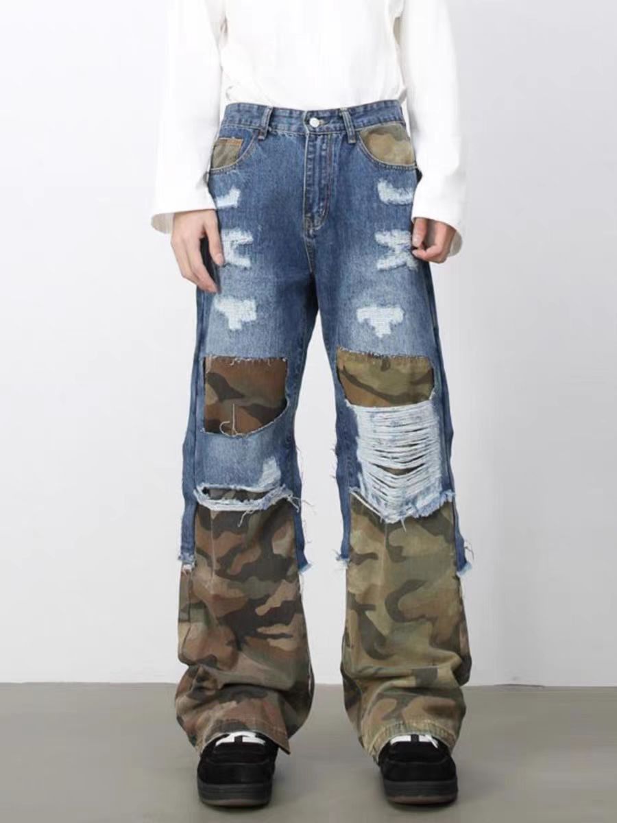 Japanese Brand × Jean Broken hole camouflage splicing micro horn jeans Size US 34 / EU 50 - 2 Thumbnail