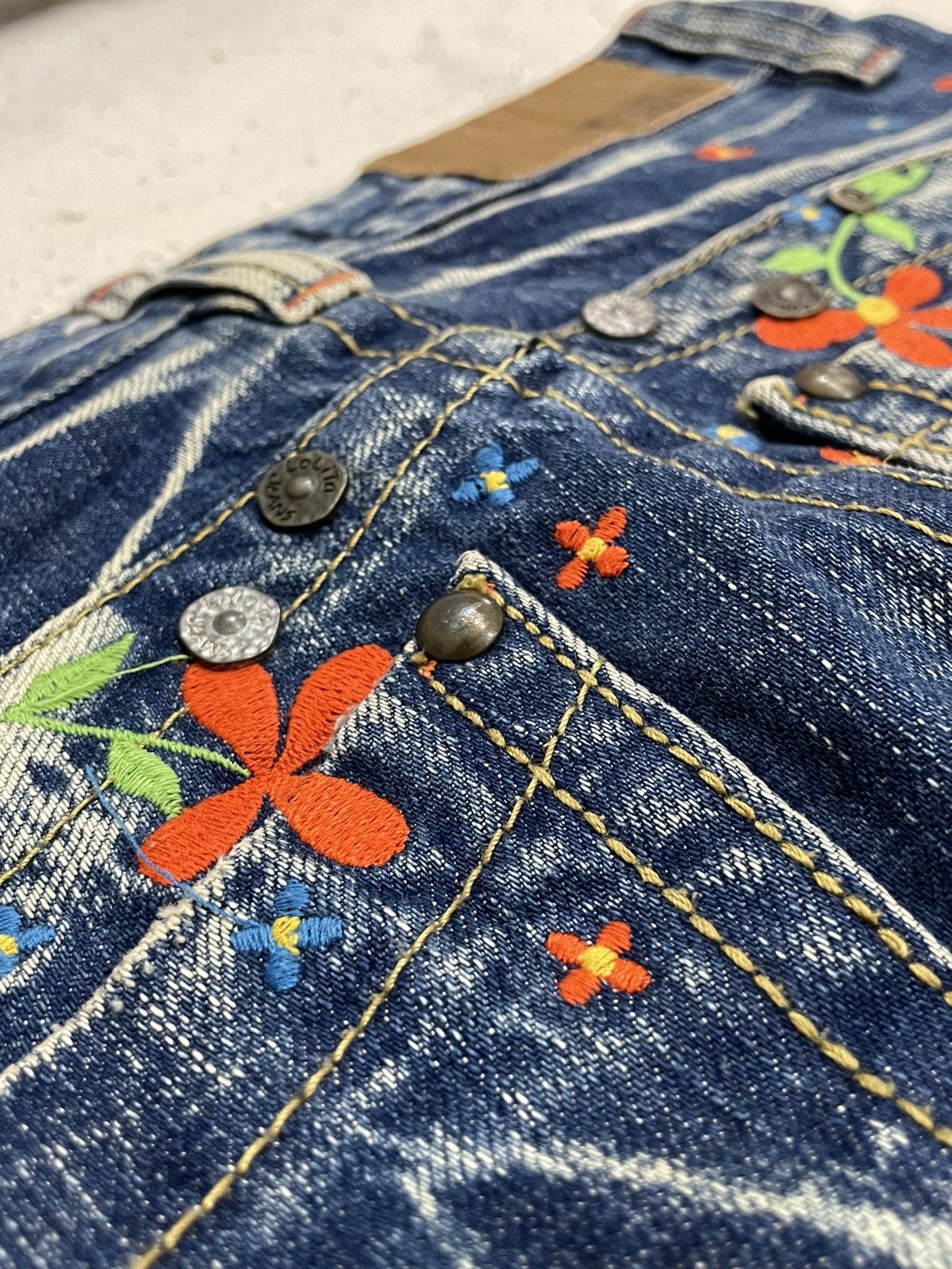 Designer Lolita Wide Leg Muddy Embroidery Studded Flare Denim Pants Size US 26 / EU 42 - 17 Thumbnail