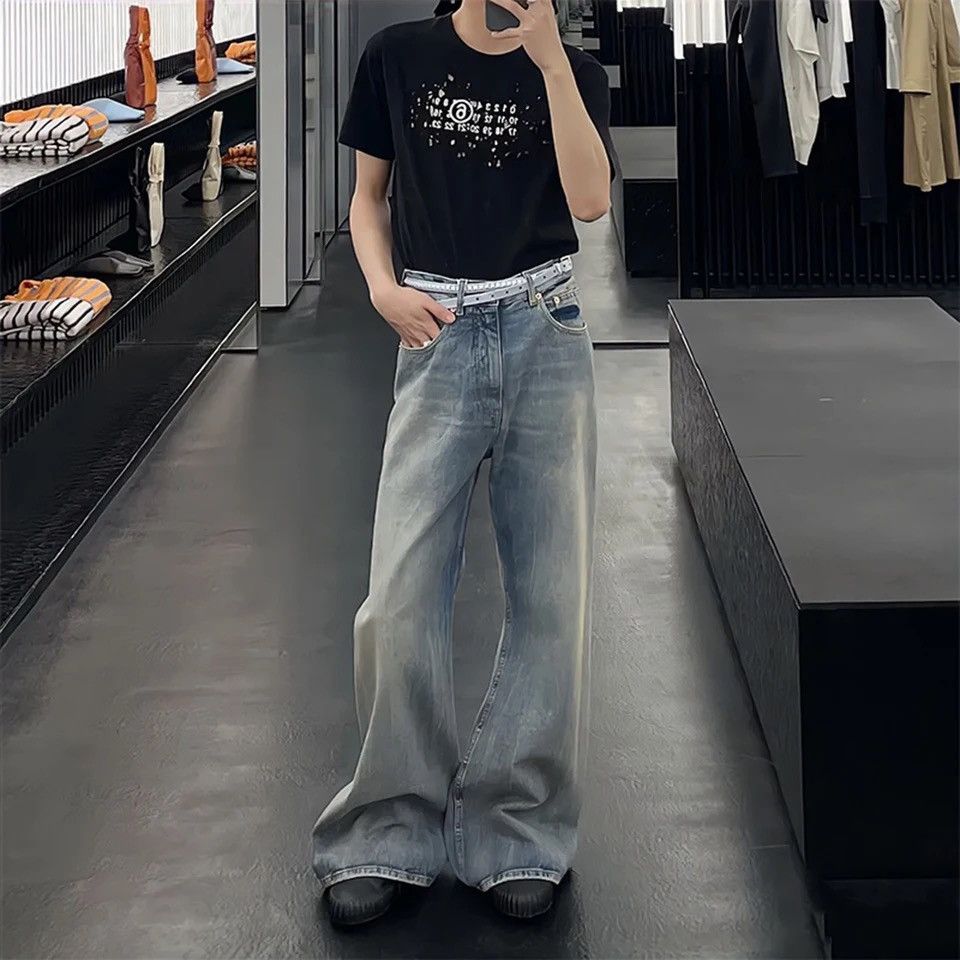 image of Distressed Denim Washed Straight Baggy Y2K Denim Pant in Blue, Men's (Size 34)