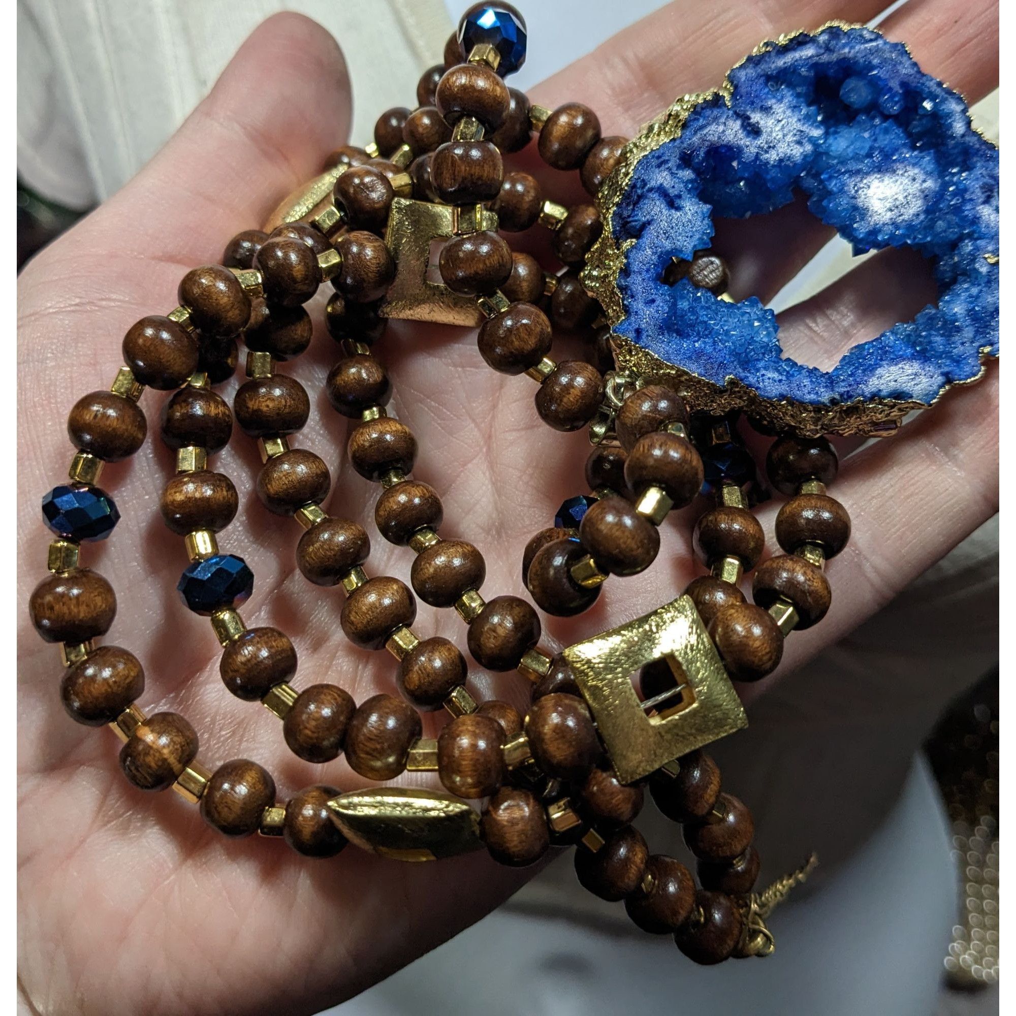 Other Blue Faux Geode Slice Pendant Necklace With Brown Wood And G Size ONE SIZE - 3 Thumbnail