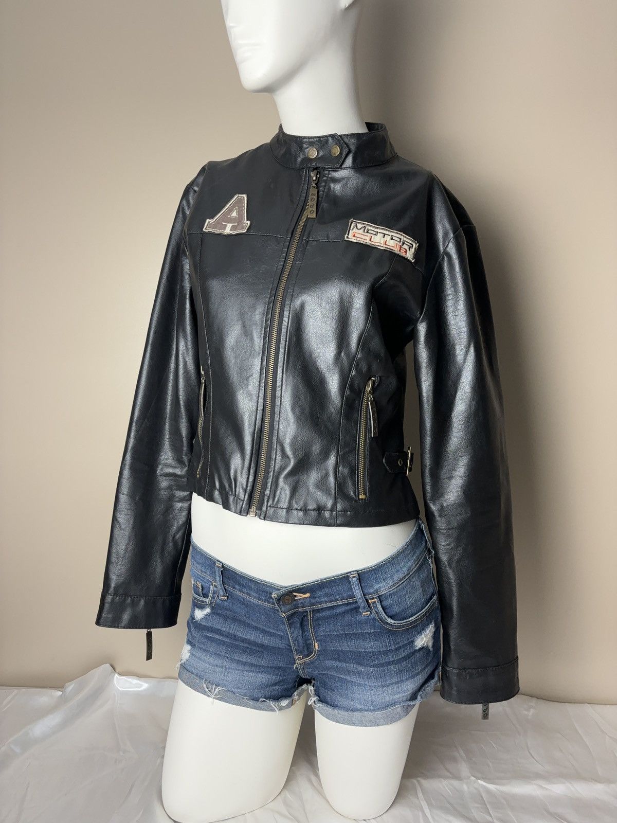 Vintage Faux Leather Moto Biker Skull Cropped Jacket