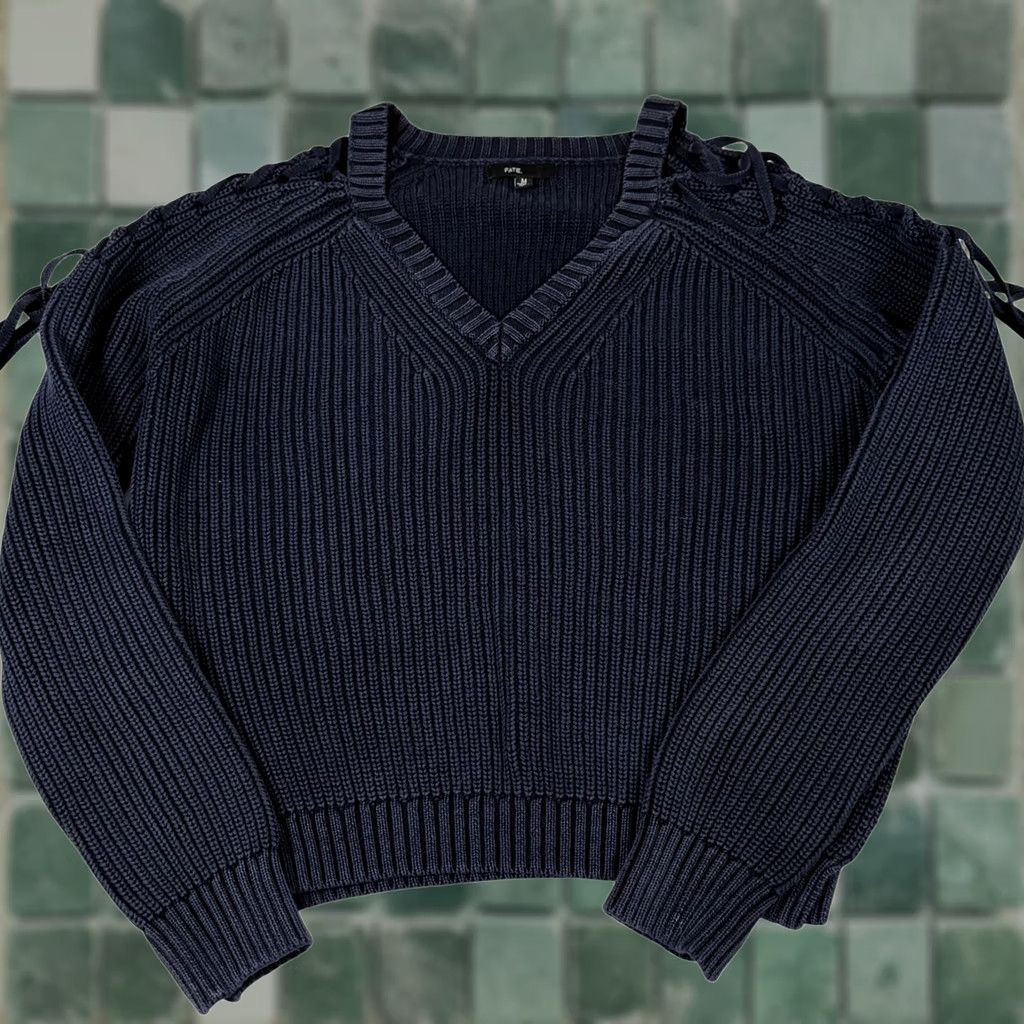 Vintage Fate Sweater Womens Medium Navy Blue V Neck Lace Up Sleeve Cotton Knit Ribbed Size M / US 6-8 / IT 42-44 - 1 Thumbnail