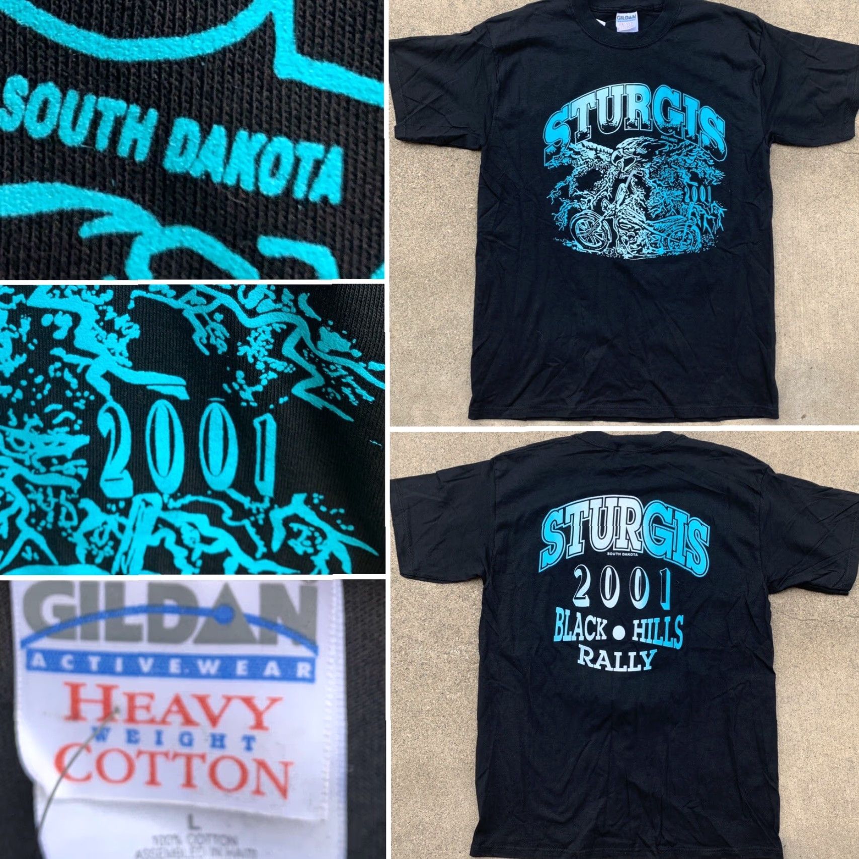 Gildan VINTAGE Sturgis South Dakota 2001 Black Hills Rally T Shirt L Men's Graphic Print Crew Neck Short Sleeve Cotton Gildan Dinosaur? Size US L / EU 52-54 / 3 - 4 Thumbnail