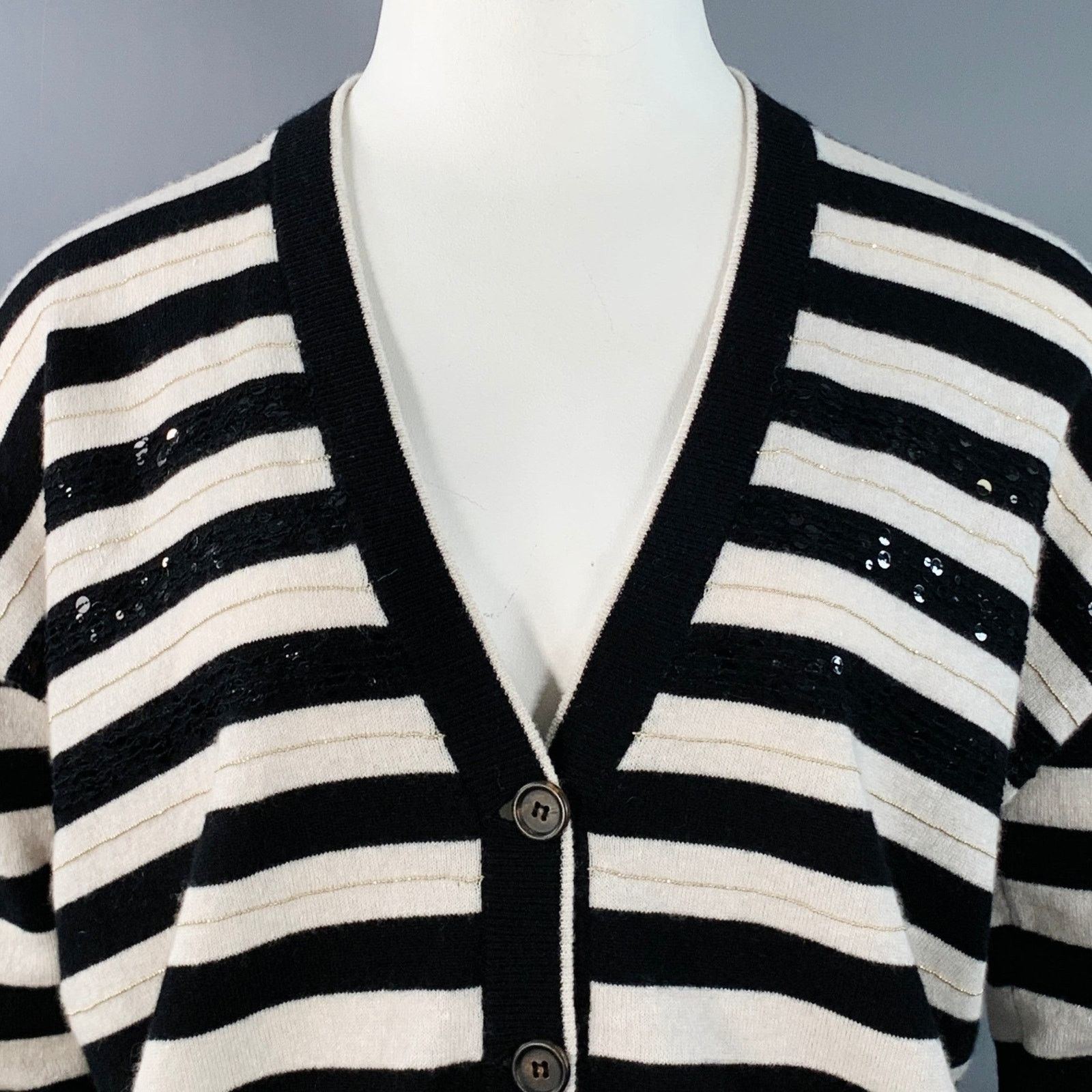 Brunello Cucinelli Black White Cashmere Stripe Monili Beaded Sequined Cardigan Size L / US 10 / IT 46 - 2 Thumbnail