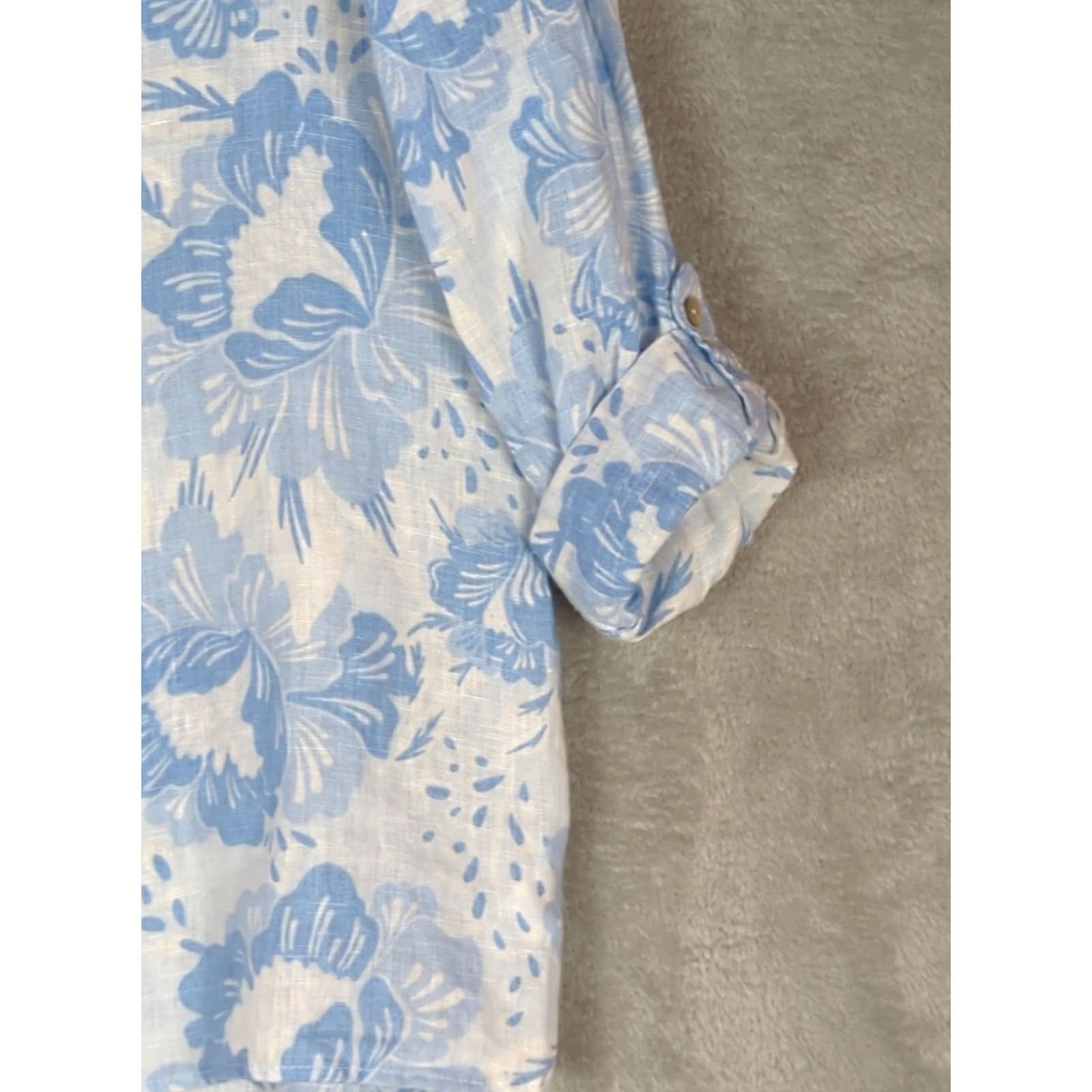 ALOHAS Sigrid Olsen Blouse M Linen Roll Tab Sleeve Button Down Blue Floral Beach Tunic Womens Size M / US 6-8 / IT 42-44 - 4 Thumbnail