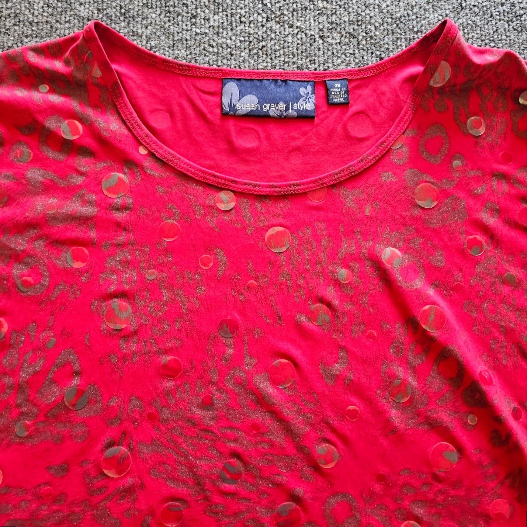Vintage Susan Graver Blouse Womens Size 3X Red 3/4 Sleeve Leopard Casual Career Shirt Size XXL / US 16-18 / IT 52-54 - 2 Thumbnail