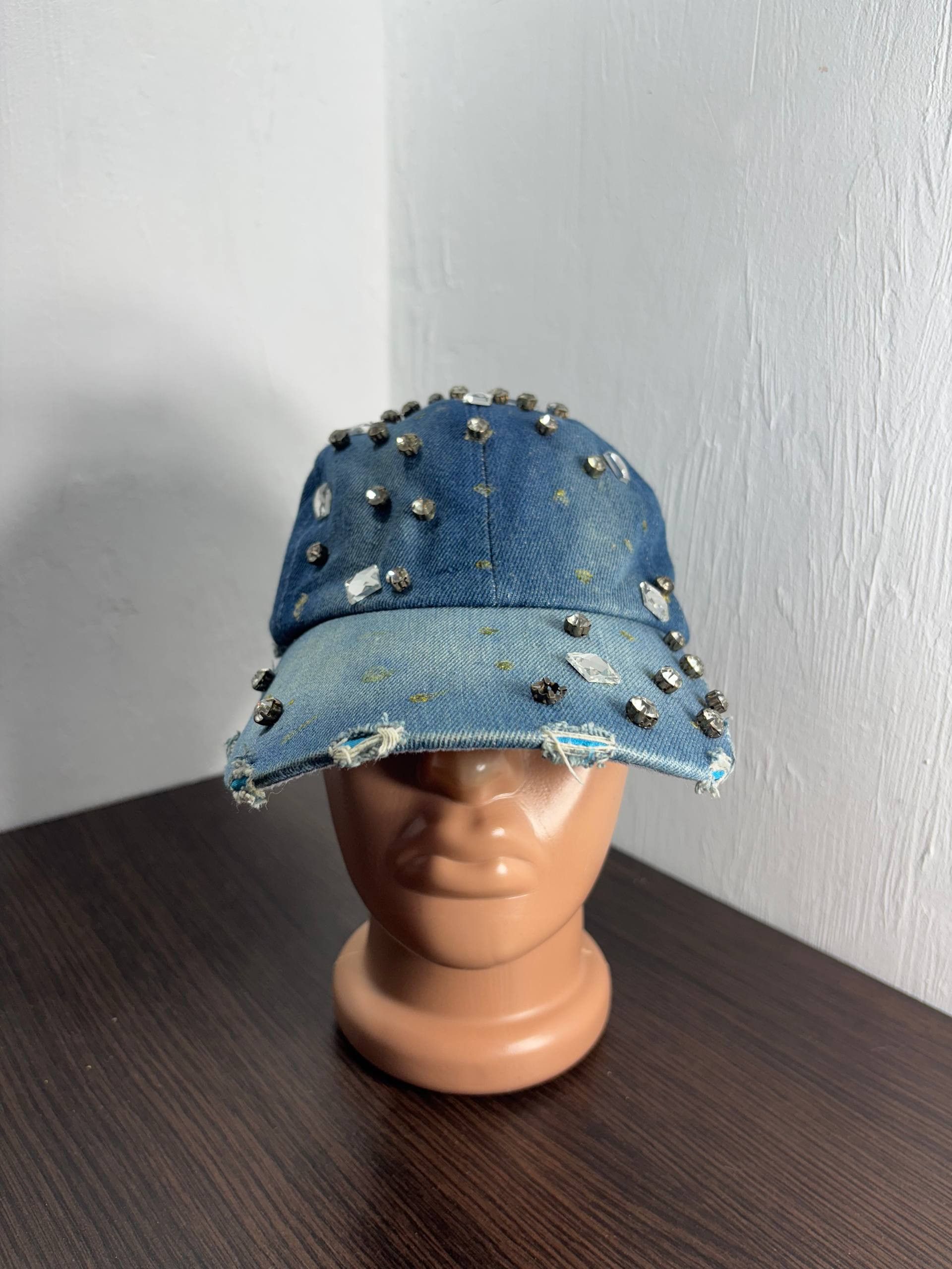 Japanese Brand VTG Rhinestone IfSixWasNine style Distressed Denim Cap Hat Size ONE SIZE - 2 Thumbnail