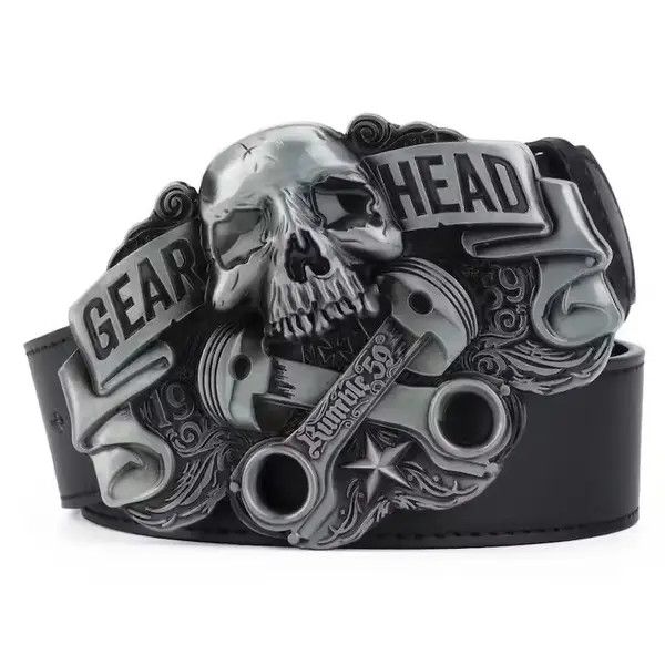 image of Leather Gear Head Skull Buckle Belt in Black, Men's