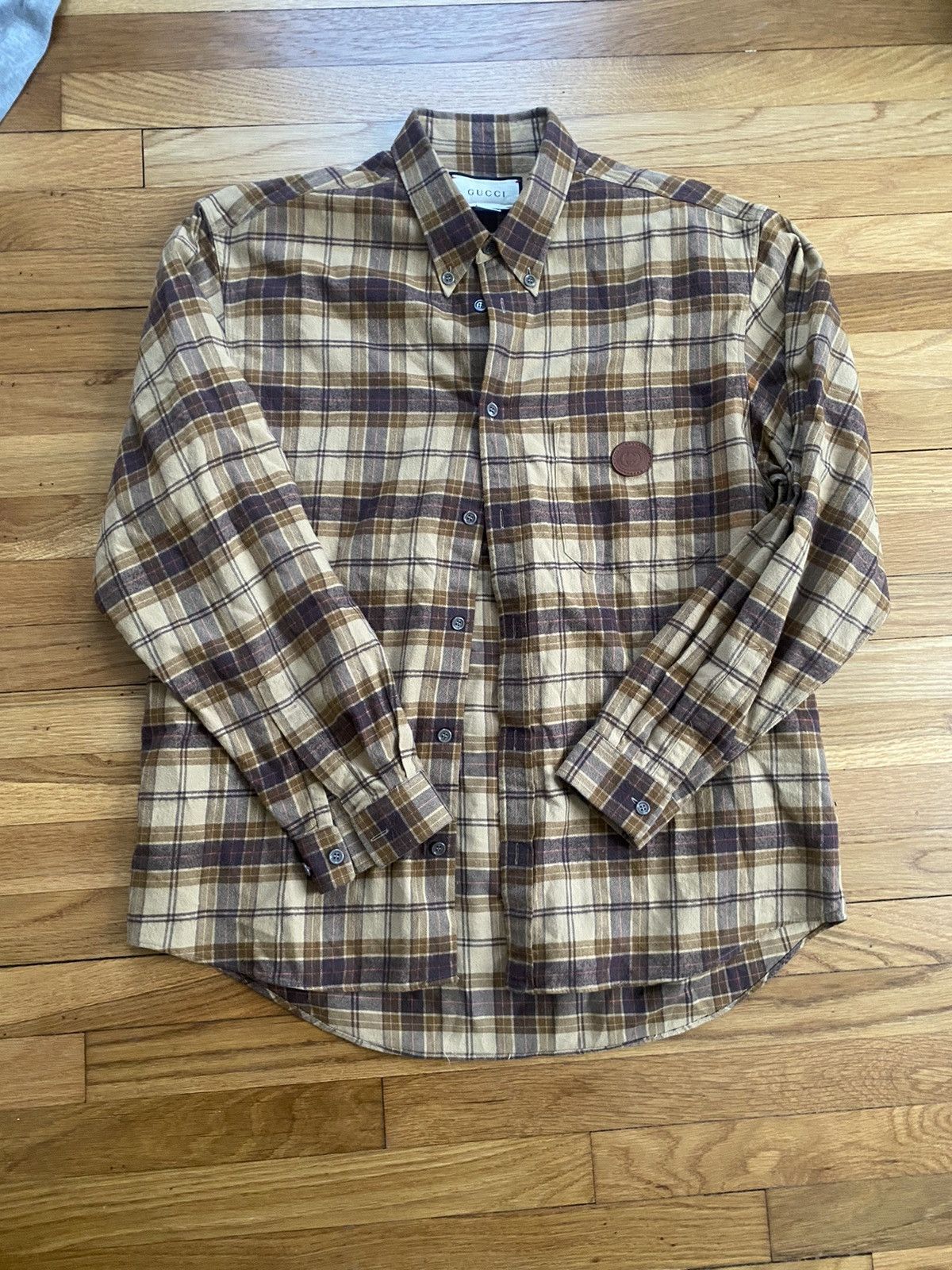 Image of Gucci GG Brown Checked Flannel Shirt, Men's (Size 2XL)