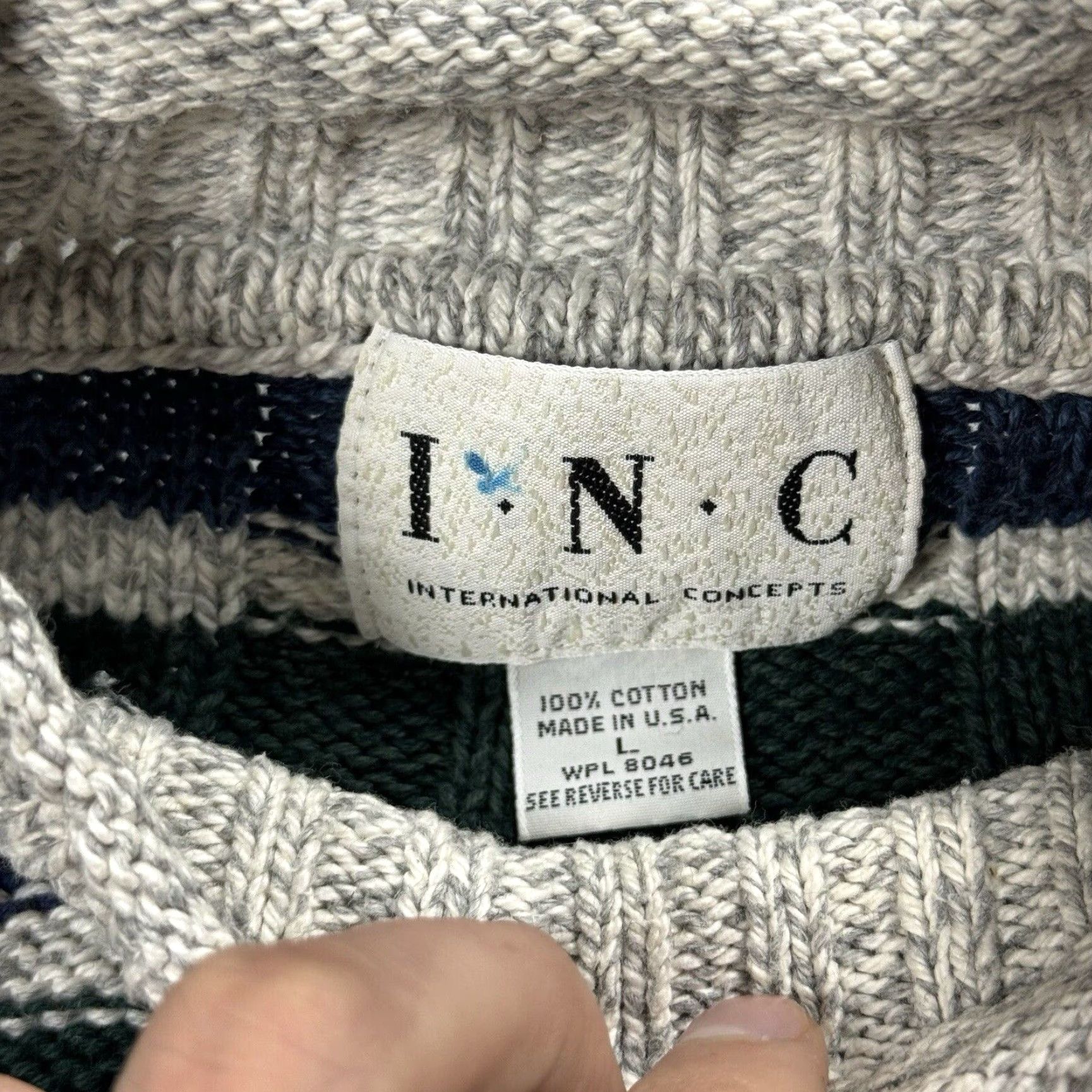 Vintage VINTAGE 90s INTERNATIONAL CONCEPTS Men’s Striped Cotton Cable-Knit Roll Neck Sweater L Size US L / EU 52-54 / 3 - 4 Thumbnail