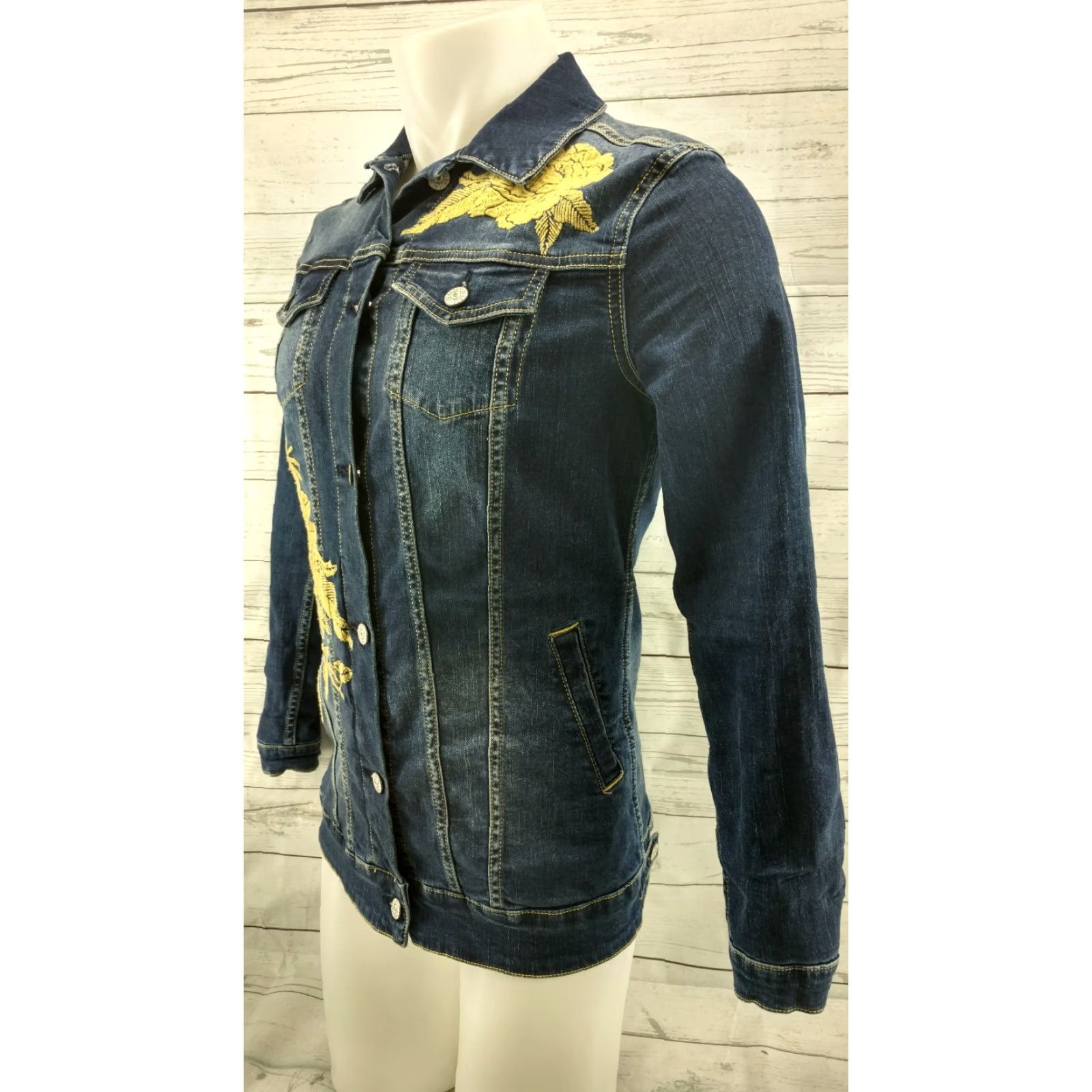 Vintage Lularoe SMALL Blue Denim Jean Jacket Embroidered Yellow Floral Denim Women Jacket XXS? Size 28" / US 6 / IT 42 - 2 Thumbnail