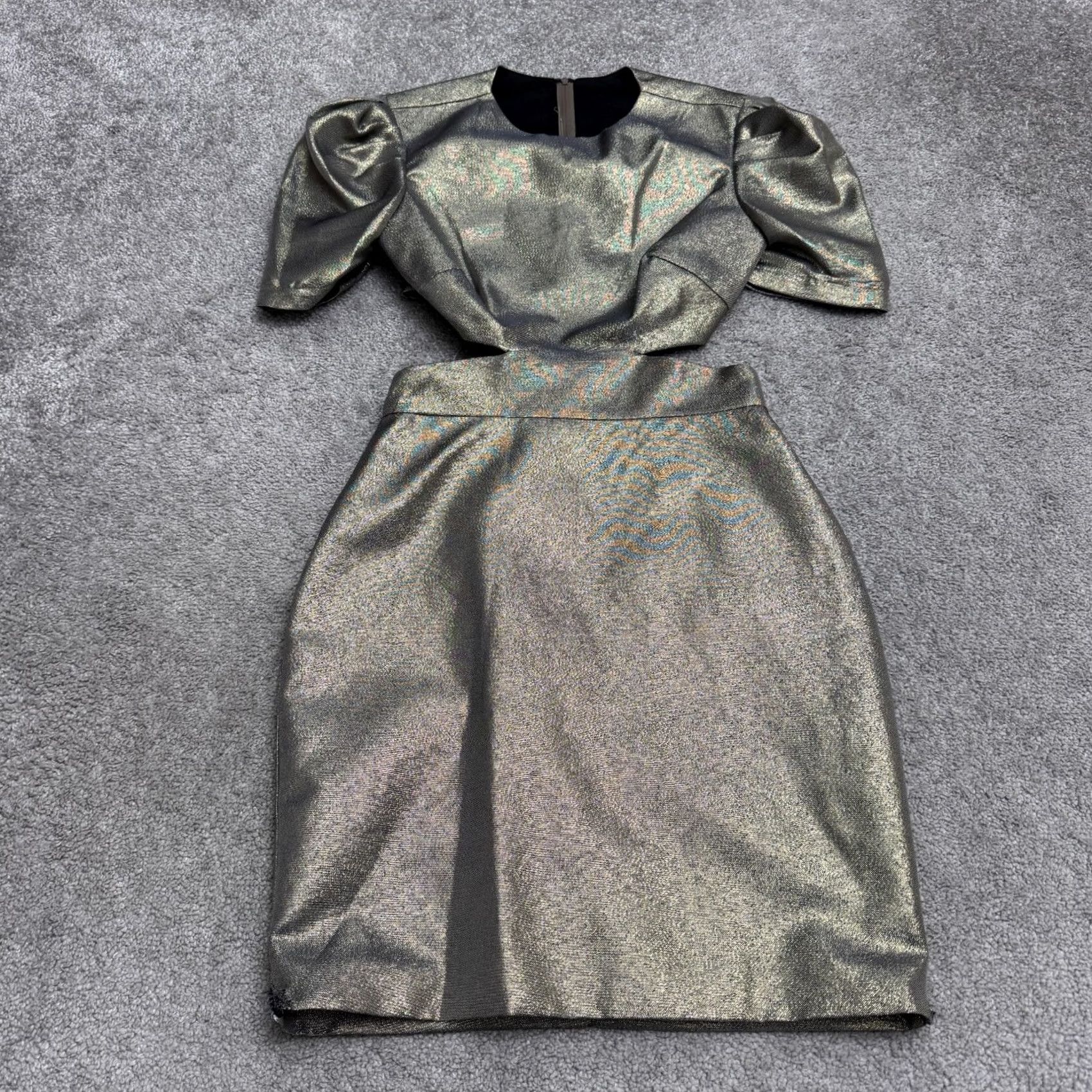 Mac Duggal Leena Mac Duggal Gold Mini Dress Womens 0 Puff Sleeve Cut Out Crew Neck Short Nylon Polyester Party Formal Confident Designer Glam 90s? Size XS / US 0-2 / IT 36-38 - 2 Thumbnail