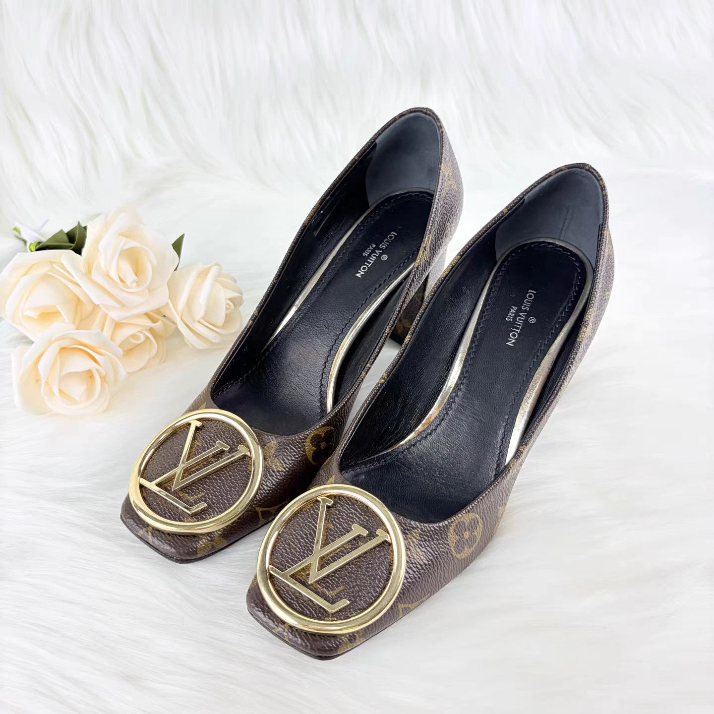 Louis Vuitton Louis Vuitton Dark Brown Monogram Logo Block Heel Pumps K15 Size US 6.5 / IT 36.5 - 1 Thumbnail