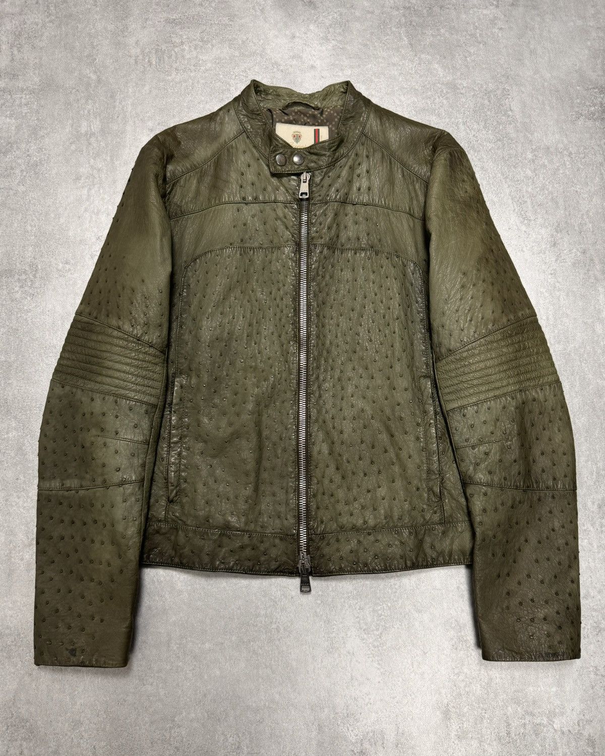 image of Archival Clothing x Gucci Fw2011 Gucci Olive Ostrich Leather Biker Jacket (S/m) in Green (Size Medi