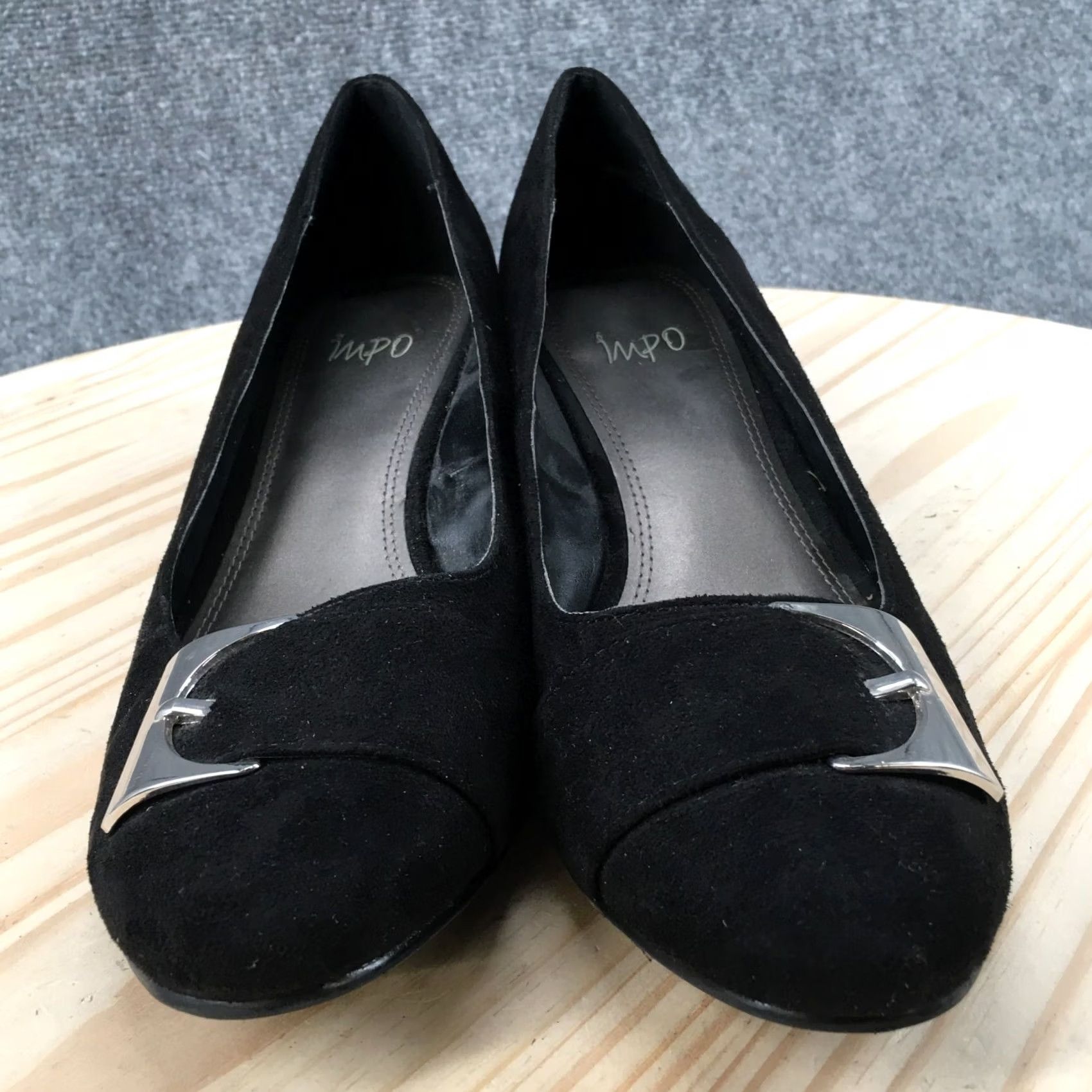 Vintage Impo Heels Womens 9.5 M Wedge Pumps Casual Comfort Black Fabric Slip On Buckle Shoes Size US 10 / IT 40 - 7 Thumbnail