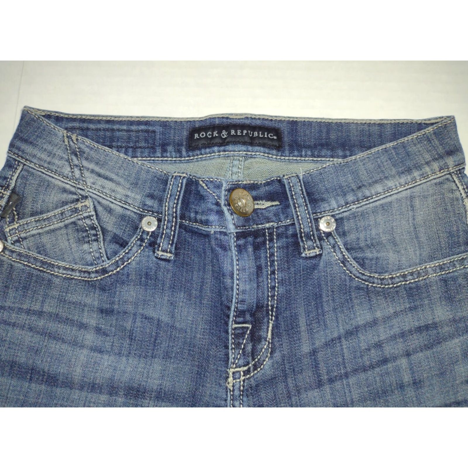 Vintage ROCK & REPUBLIC Women's Blue Kendall Mid Rise Skinny Denim Jeans - Size 2 W24 L26, 5-Pocket, Zipper Closure, Embroidered Accents, Regular, Denim Jeans Size 26" / US 2 / IT 38 - 4 Thumbnail