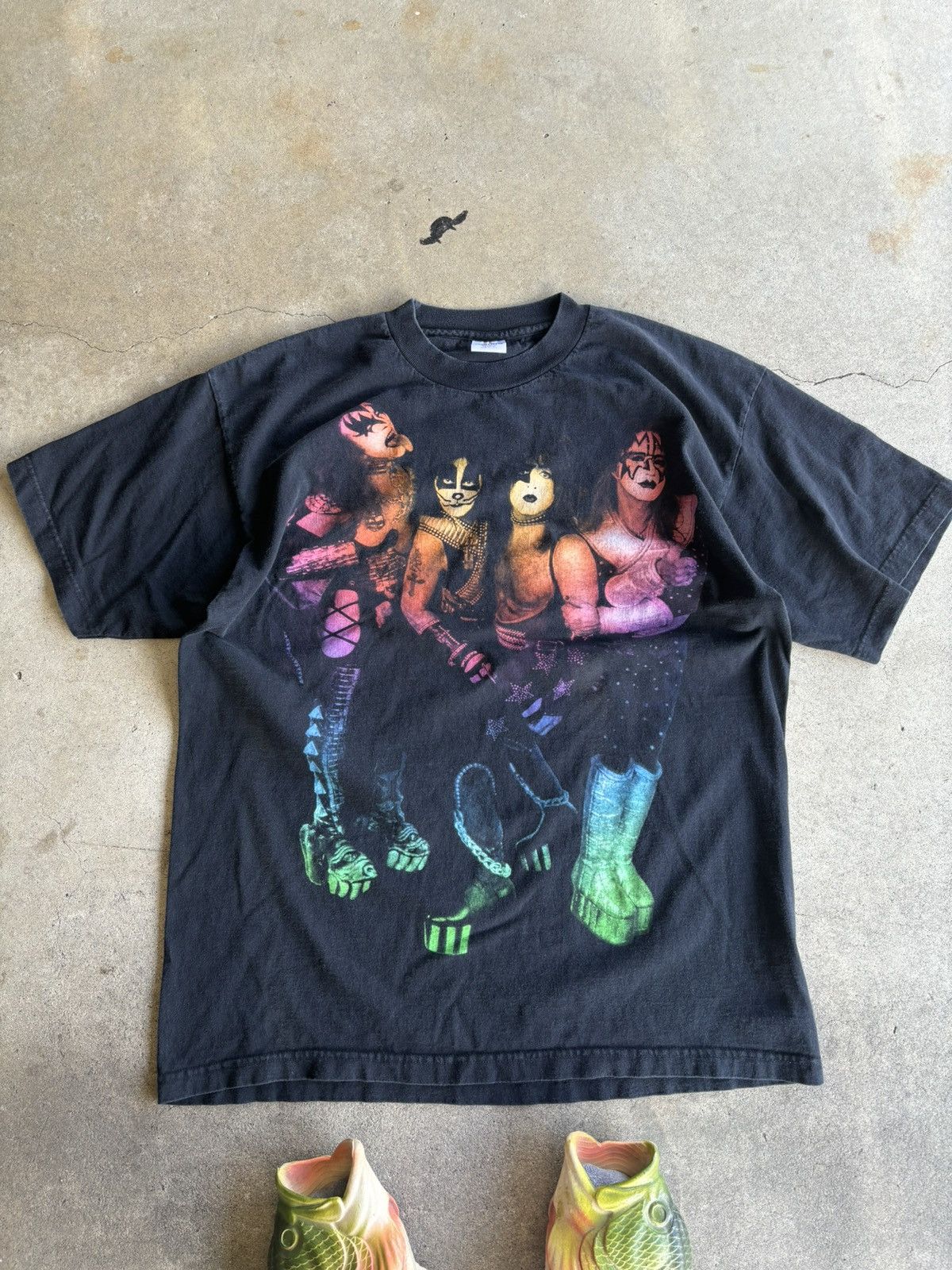 Image of Band Tees x Vintage Crazy 1996 Kiss Boxy Colours Faded Boxy Band Shirt in Black, Men's (Size XL)