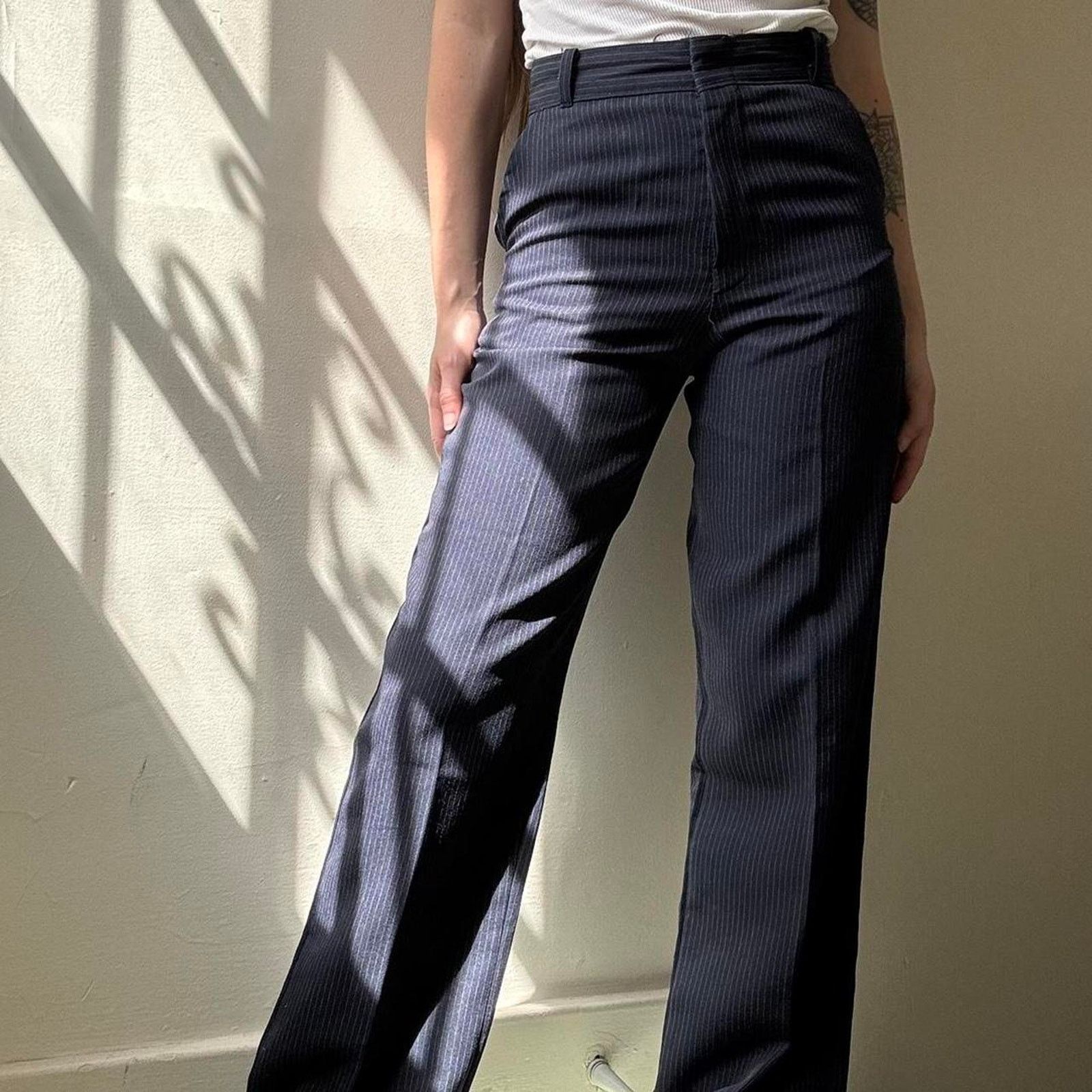 Other Vintage Handmade Navy Pinstripe Dress Pant Trouser Petite Size 22" - 4 Thumbnail
