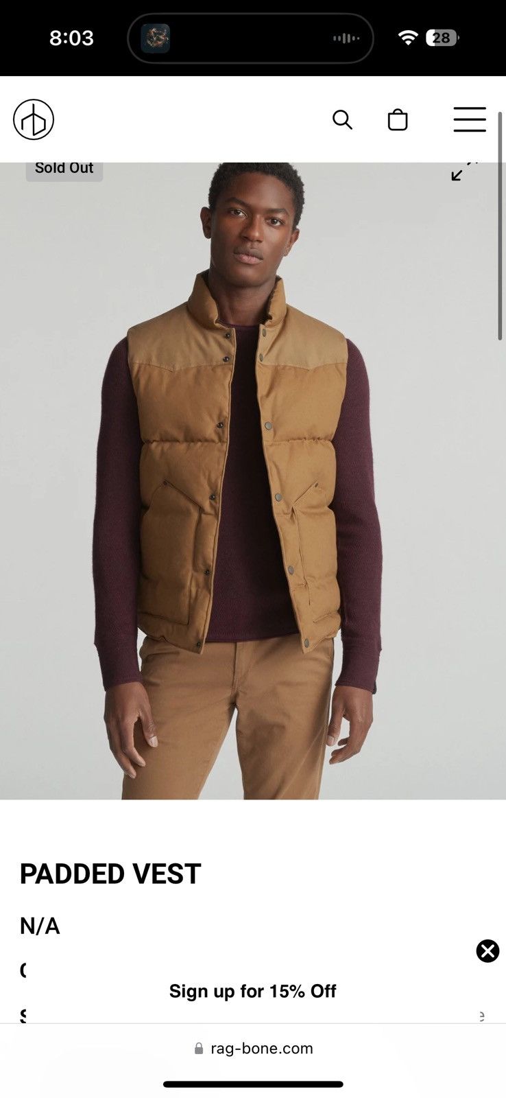 Rag & Bone Field Padded Vest Tan Size US XL / EU 56 / 4 - 8 Thumbnail