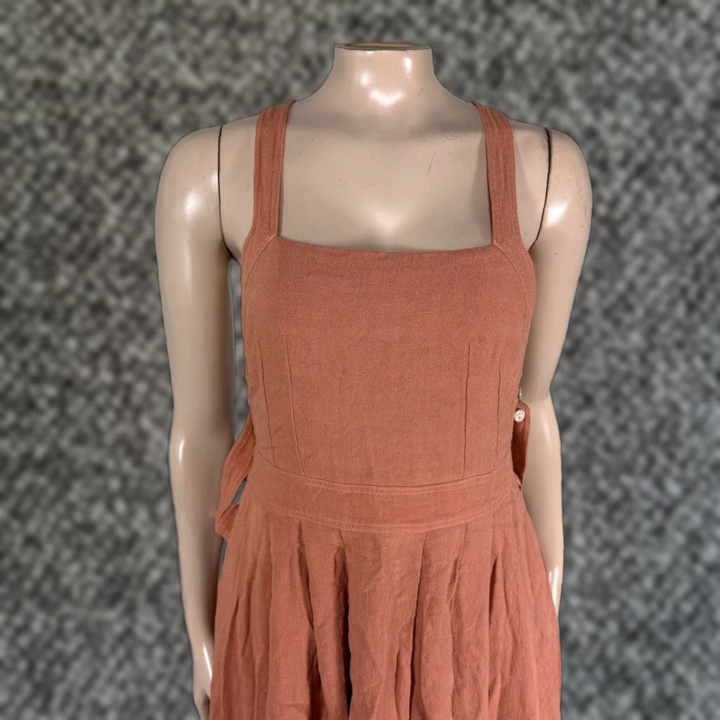 Vintage Lelasilk Women's Dress Apron Sleeveless Cotton Open Back Pockets LL20 - Salmon Orange Solid Knit Knee Length Casual Square Neck Sleeveless Dress Size S / US 4 / IT 40 - 1 Thumbnail