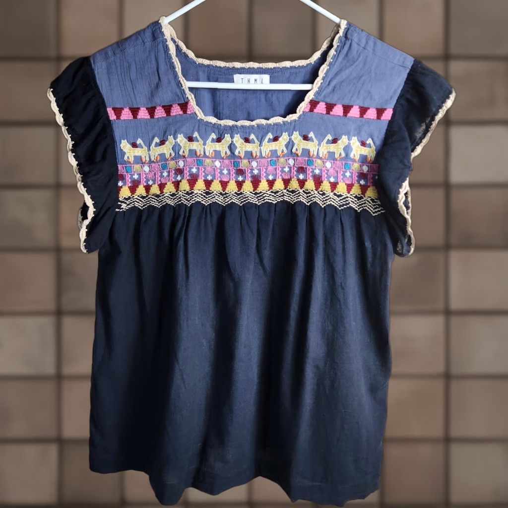Vintage THML Blouse S Navy Embroidered/Crochet Flutter Sleeve Shirt Women Small Blue Bohemian Womens Shirt Size S / US 4 / IT 40 - 1 Thumbnail