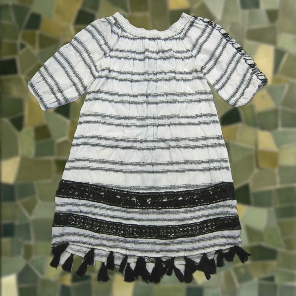 Vintage Muche Muchette 100% Rayon Black White Stripe Fringe Boho Tunic Dress Women M/L Size M / US 6-8 / IT 42-44 - 1 Thumbnail