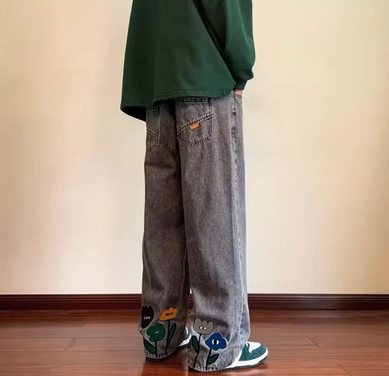 Other Flower Baggy Casual Denim Wide-leg Jeans Cargo Pants Size US 33 - 2 Thumbnail