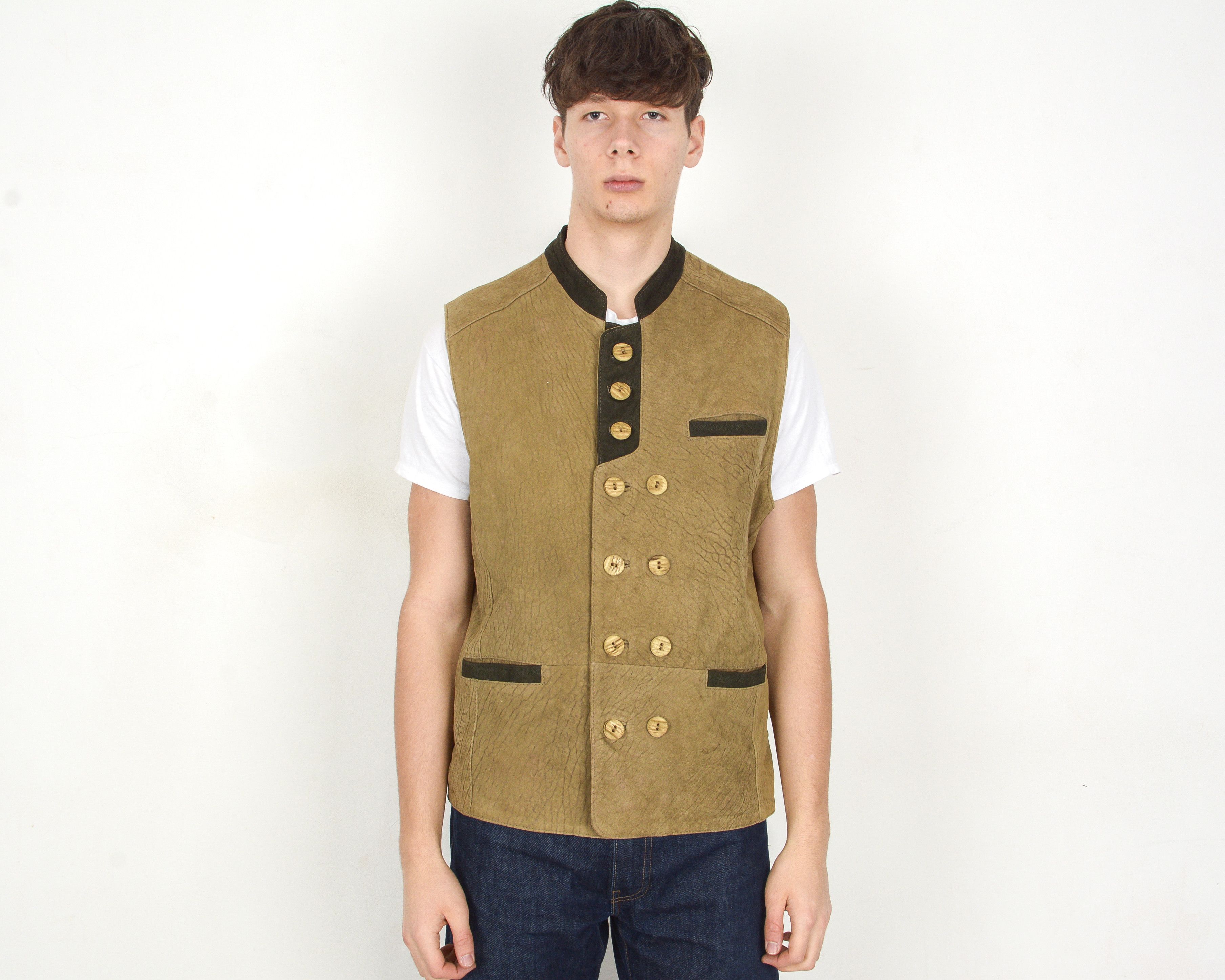 Vintage ALPHORN Real Leather L Waistcoat Gilet Vest Trachten Jager Size US L / EU 52-54 / 3 - 1 Thumbnail