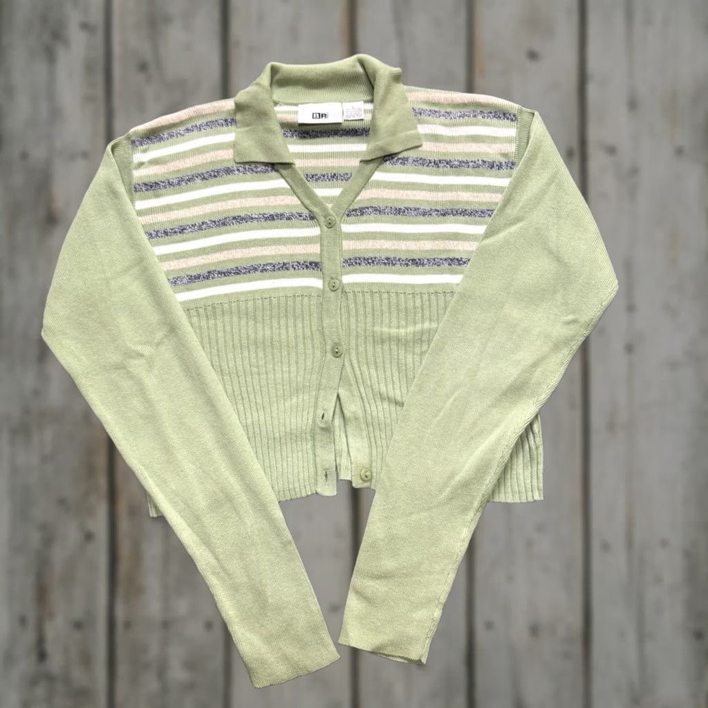 Vintage VINTAGE VTG BP Knitted Cardigan Sweater Womens L Green Striped White 90s Button Up - Green White Striped Cardigan L Womens Men? Size L / US 10 / IT 46 - 1 Thumbnail