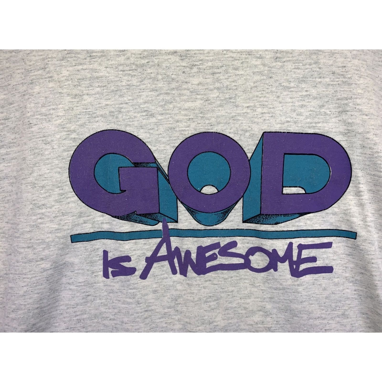 Vintage VINTAGE Screen Stars Graphic Tee Unisex Gray M 1990s God Is Awesome Short Sleeve Cotton Blend Shirt Size US M / EU 48-50 / 2 - 3 Thumbnail