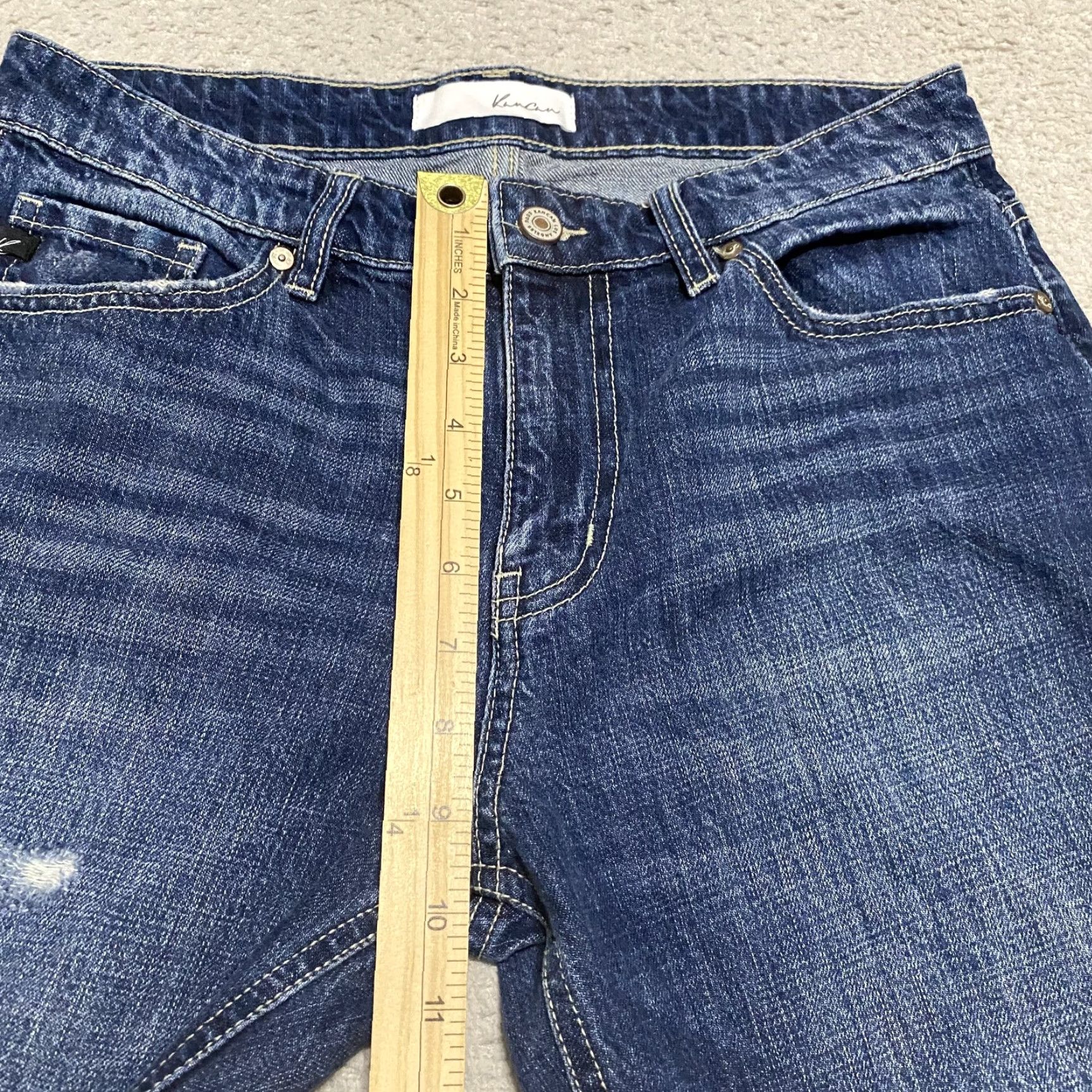 Vintage KanCan Jeans Womens Jeans Distressed Straight Mid Rise Dark Wash Blue Denim 5 Juniors Regular 29in Inseam 28in Button Zip Pockets Logo Fringe Size 27" / US 4 / IT 40 - 7 Thumbnail