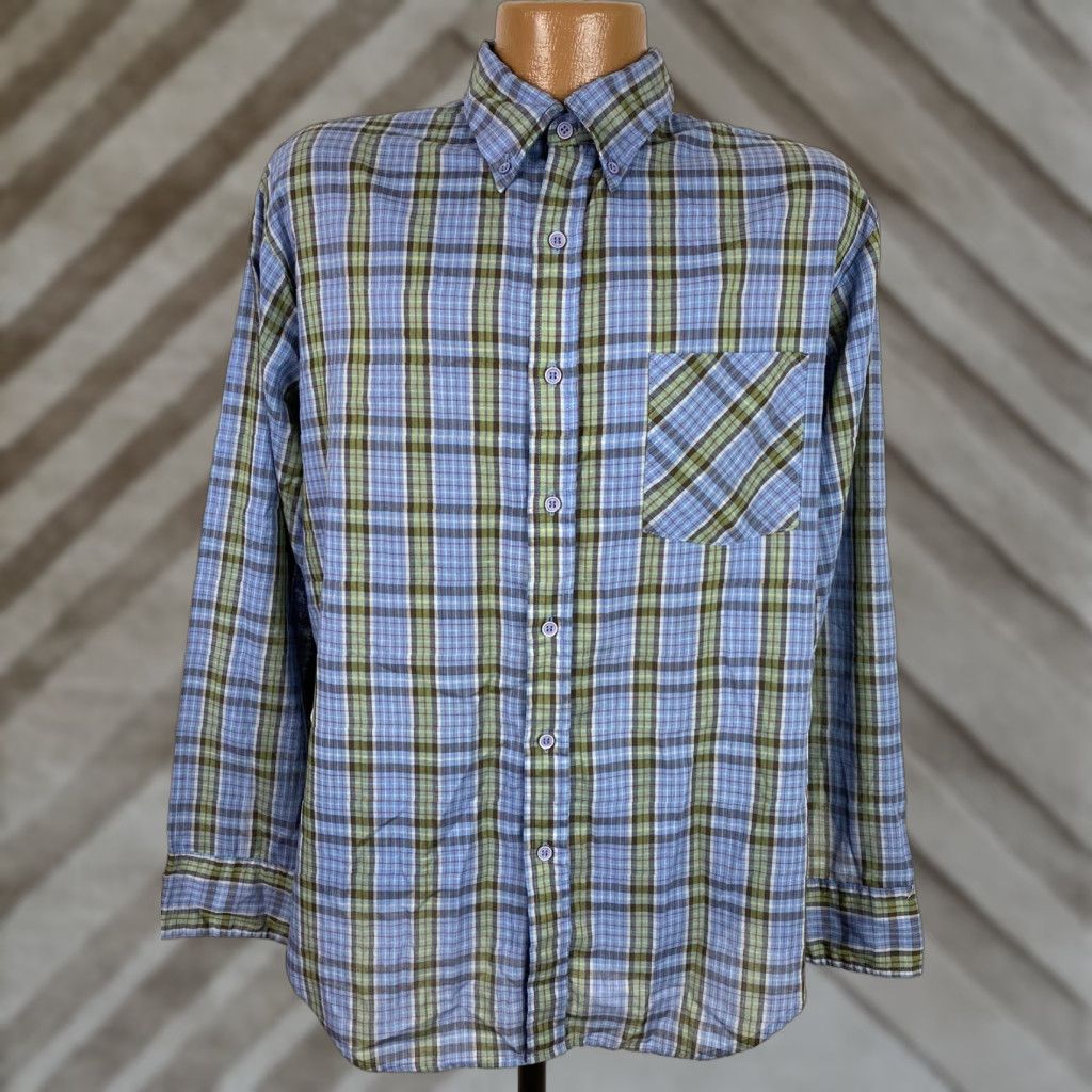 Vintage VINTAGE Moving-Up Button-Up Shirt Mens L Blue Plaid Casual 80s Retro Preppy Lightweight Cotton Poly Darts Pockets Long Sleeve Collared Shirt Mens L Size US L / EU 52-54 / 3 - 1 Thumbnail