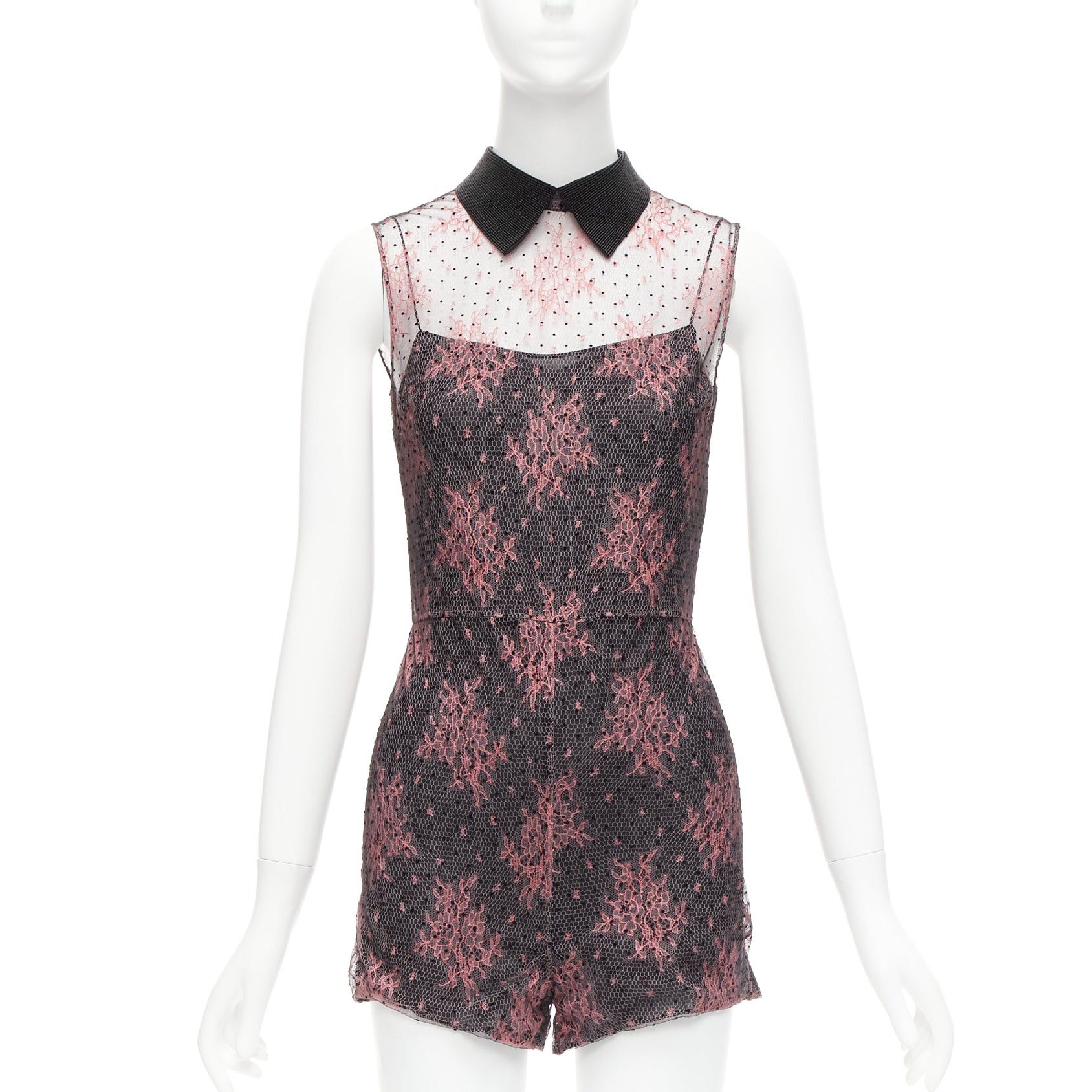 Dior CHRISTIAN DIOR black pink intricate lace overlay playsuit romper FR34 XS Size 26" / US 2 / IT 38 - 1 Thumbnail