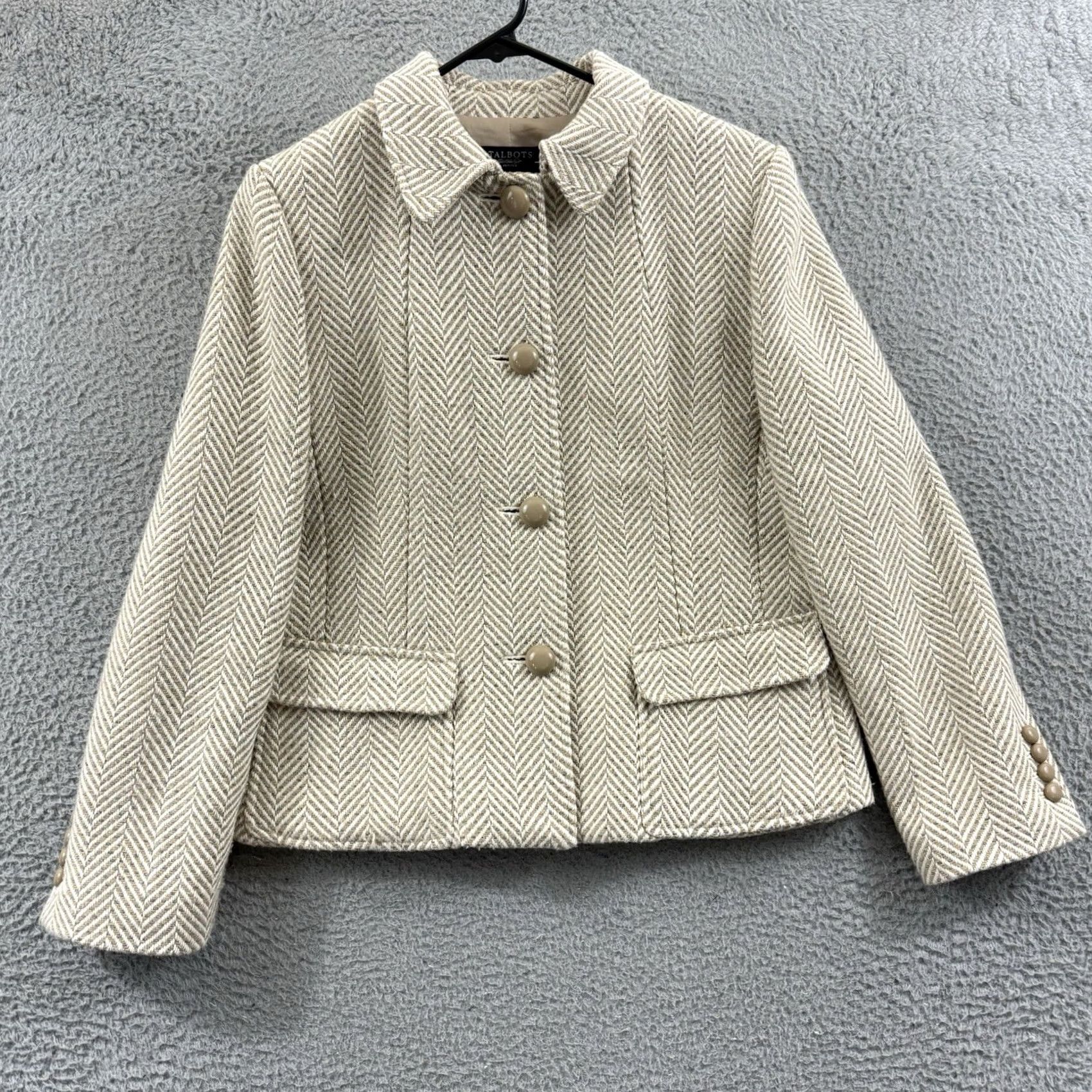 Talbots VINTAGE Talbots Blazer Womens 12P Beige Herringbone Wool Blend Office Career Coat Preppy Size XL / US 12-14 / IT 48-50 - 2 Thumbnail