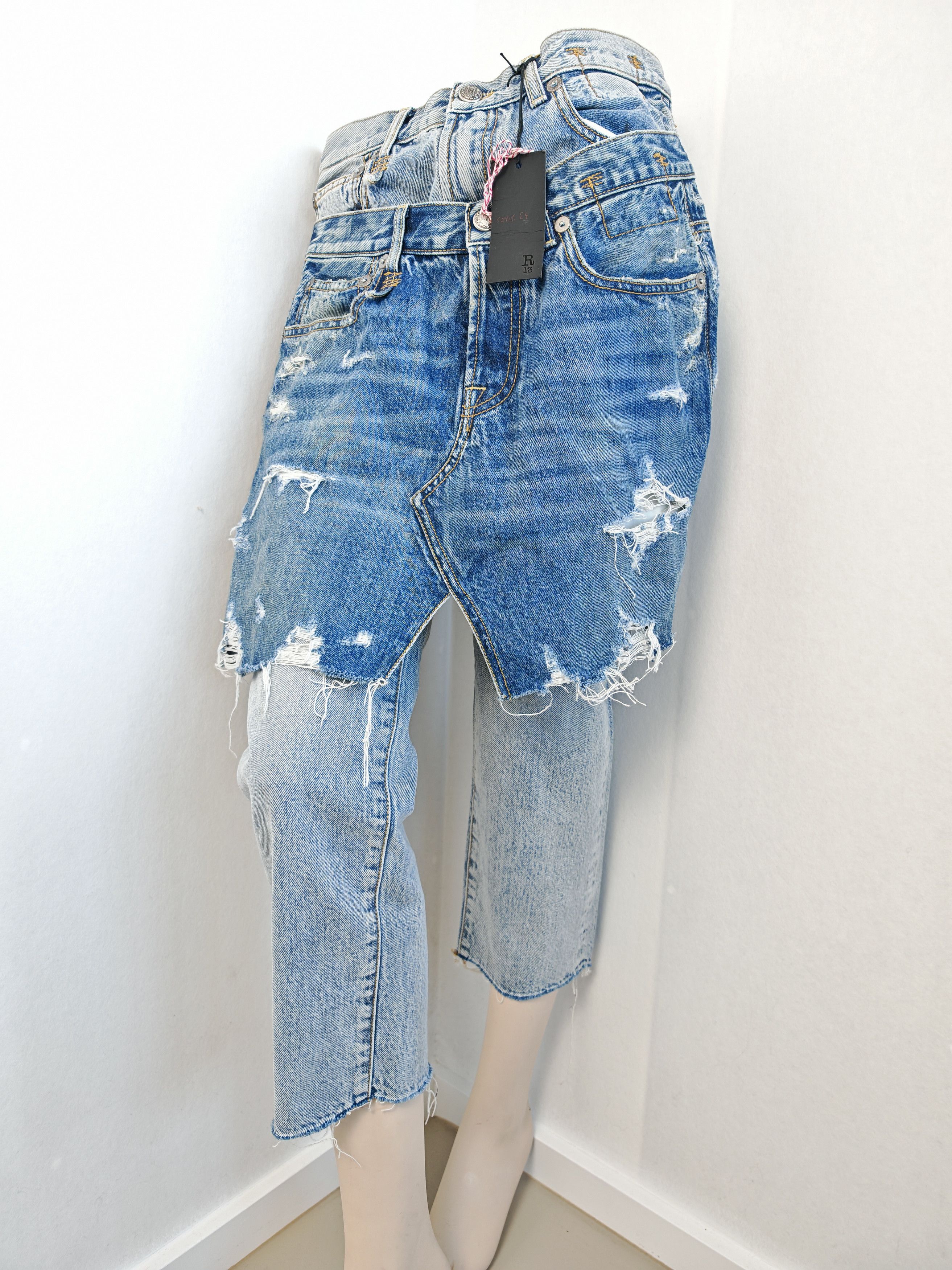 R13 RARE sample "Double Front" Layered Distressed Denim Skirt Size 27" / US 4 / IT 40 - 5 Thumbnail