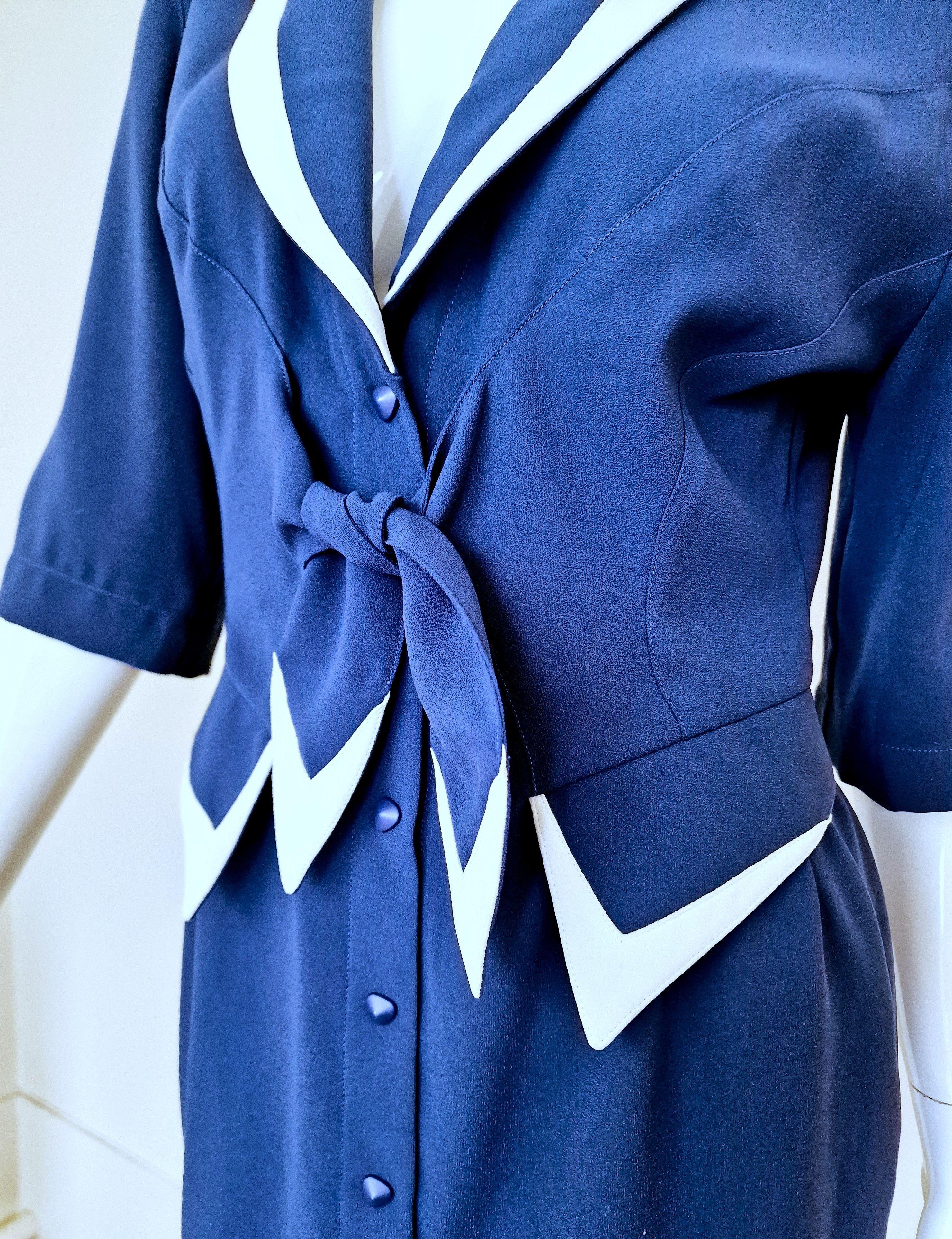 Thierry Mugler Thierry Mugler Navy Blue Crepe Bow Stripe Vintage Dress Size M / US 6-8 / IT 42-44 - 6 Thumbnail