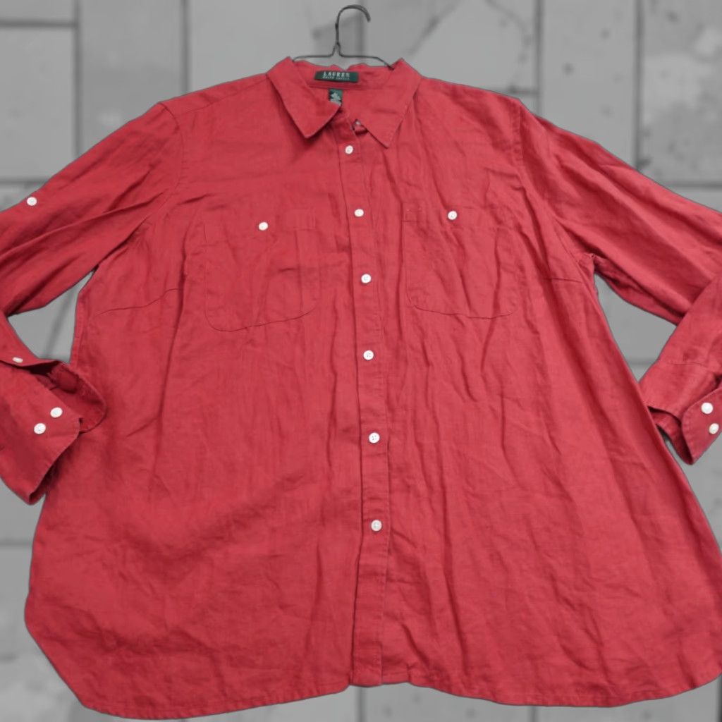 Ralph Lauren Lauren Ralph Lauren Shirt 2X Red 100% Linen Solid Button-Up Collared Long Sleeve Women Plus Size Size XXL / US 16-18 / IT 52-54 - 1 Thumbnail