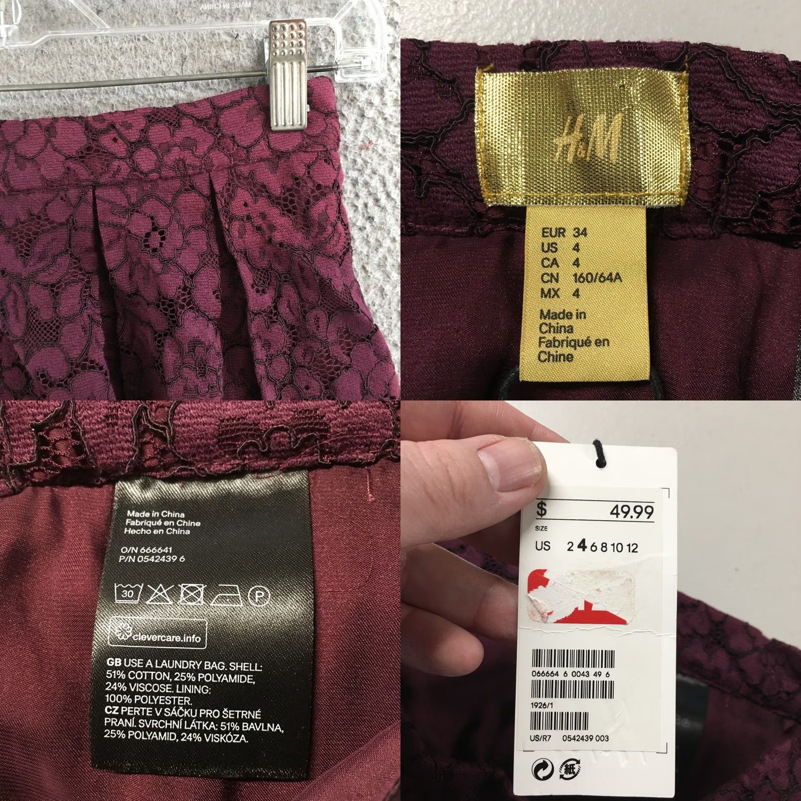 H&M H&M Mini Skirt Womens 4 Lace Pleated A Line Burgundy Red Floral Zip Short Skirt Womens XS? Size S / US 4 / IT 40 - 9 Thumbnail