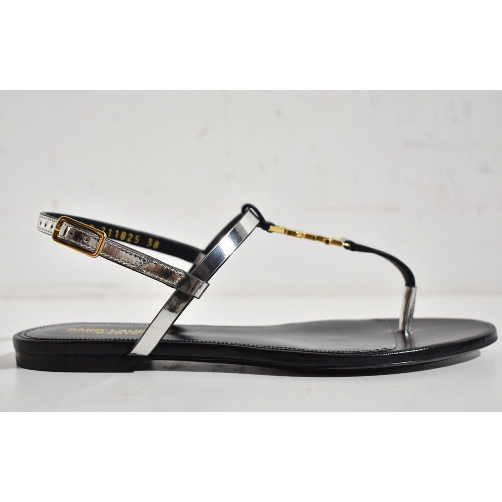 Yves Saint Laurent Saint Laurent YSL Logo Cassandra Iota 05 Silver Black Thong Size US 8 / IT 38 - 2 Thumbnail
