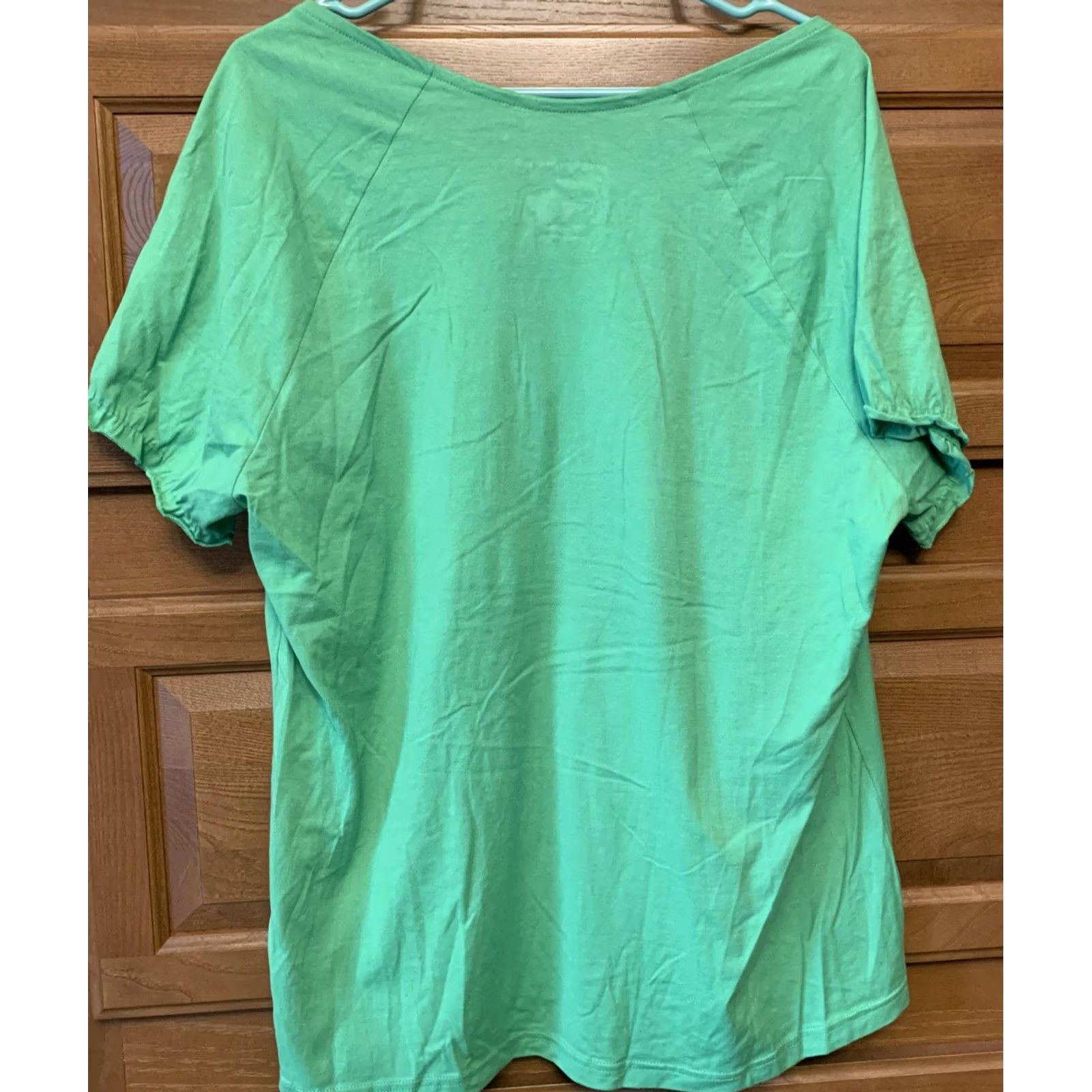 Vintage JMS Shirt Plus 2X Green Knit Short Sleeve Round Neck Ruffle Cotton NWT 775 Womens Size XXL / US 16-18 / IT 52-54 - 4 Thumbnail