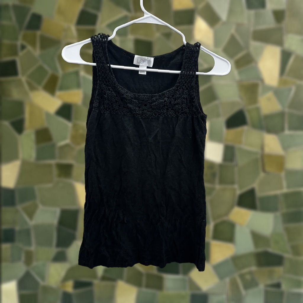 Loft VINTAGE Loft Womens Tank Top XXS Black Linen Blend Floral Neckline Size XXS / US 00 / IT 34 - 1 Thumbnail