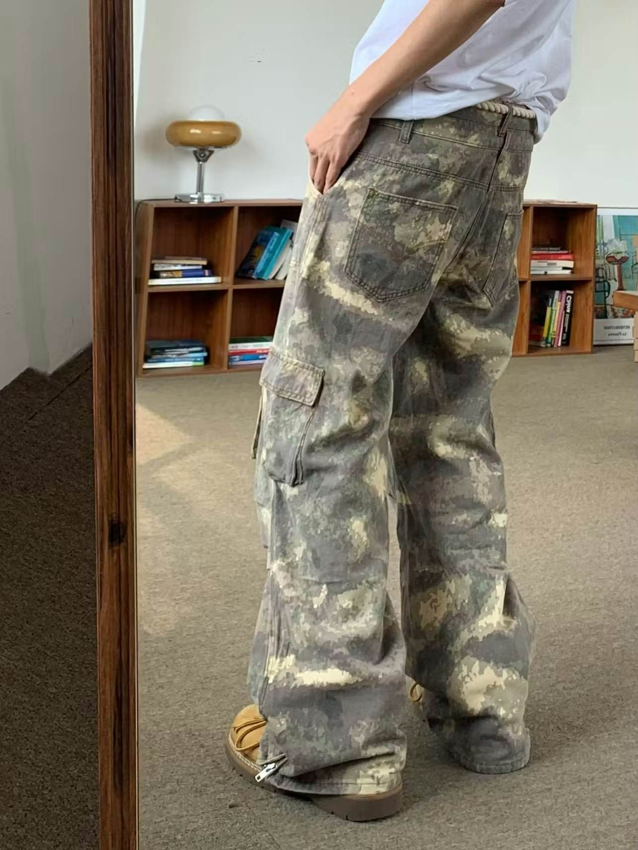 image of Vintage Workwear Carpenter Baggy Hiphop Cargo Pants in Natural Yellow, Men's (Size 28)