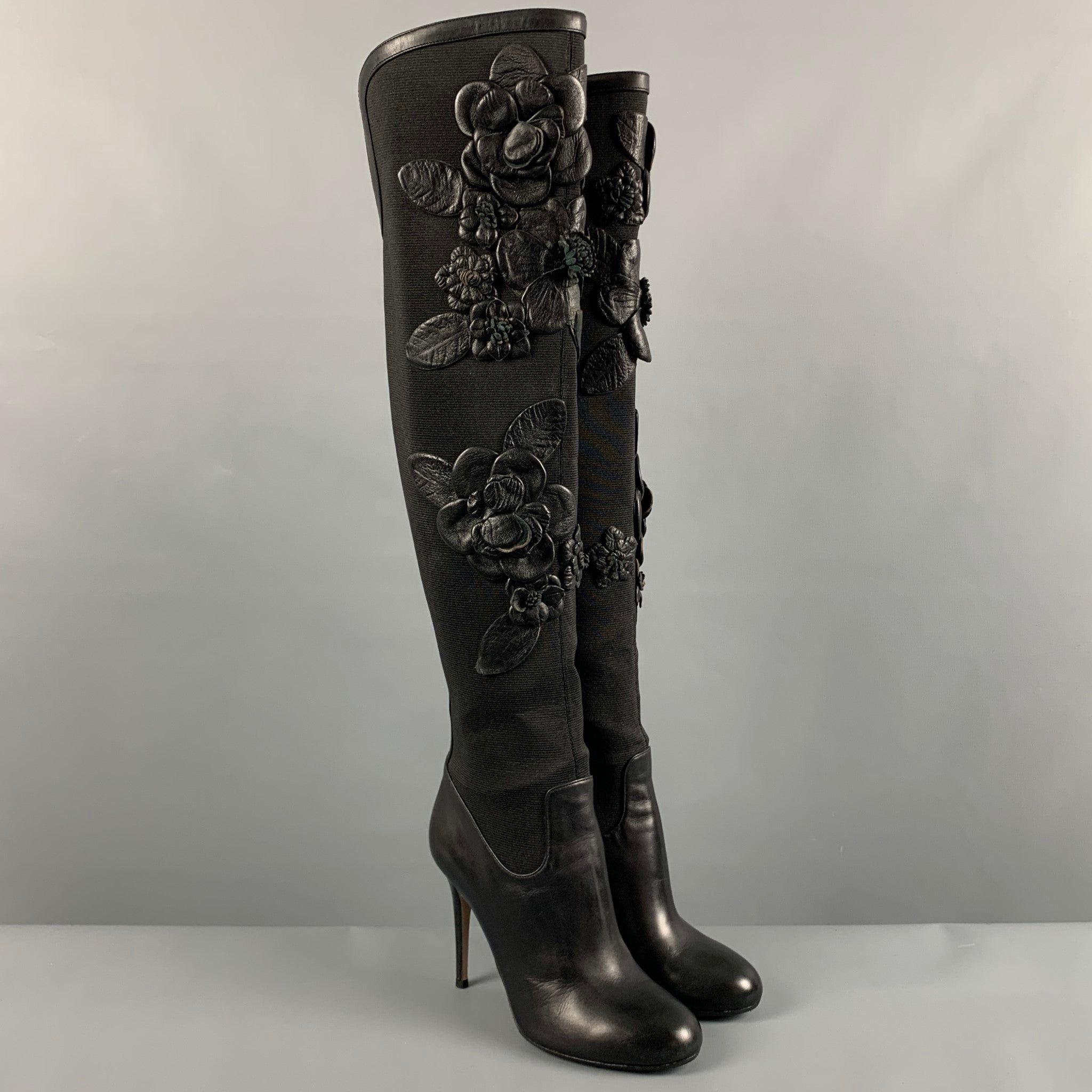 image of Valentino Black Nylon Floral Applique Boots, Women's (Size 7)