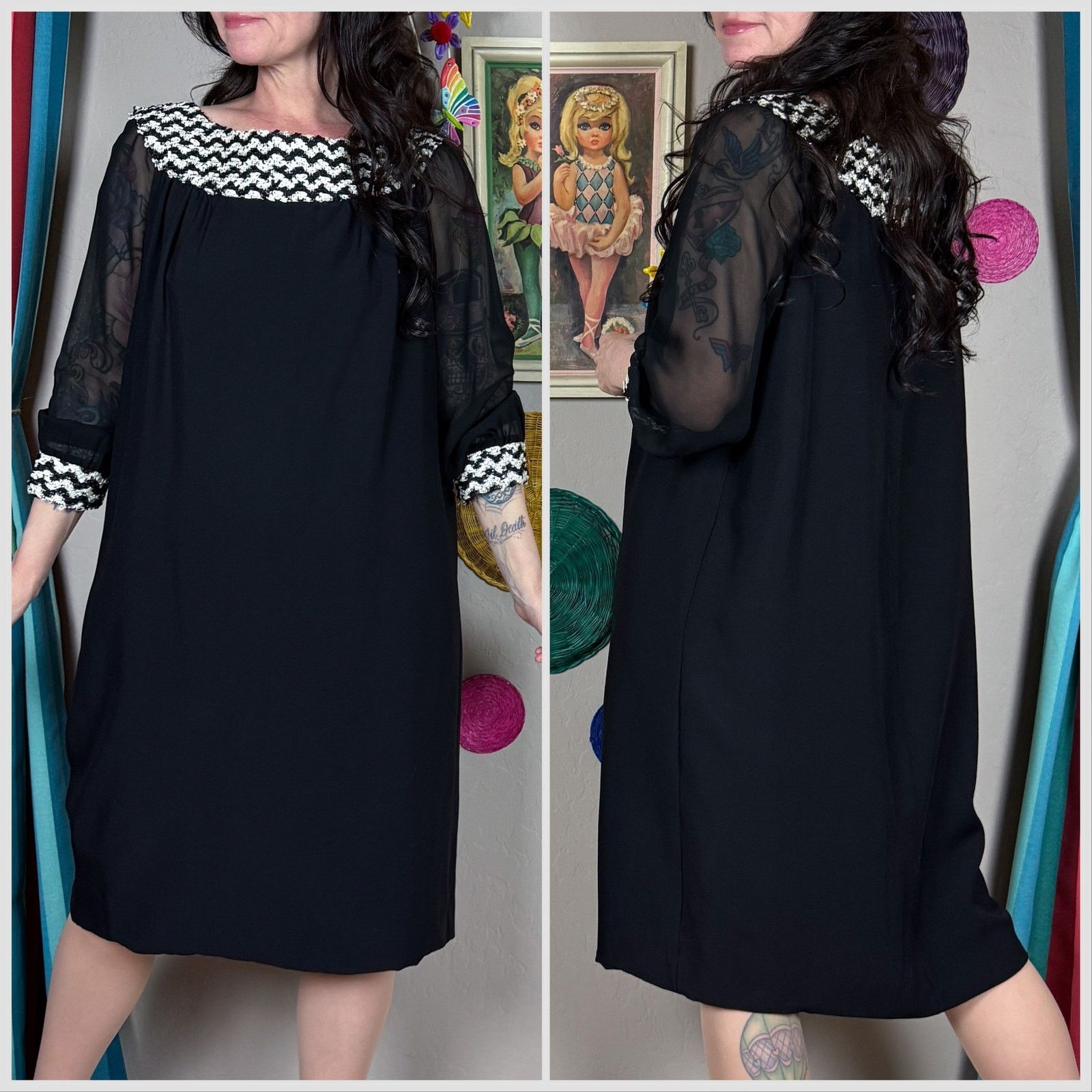 Vintage Vintage Black Soutache Shift Dress With Chiffon Sleeves Size M / US 6-8 / IT 42-44 - 3 Thumbnail