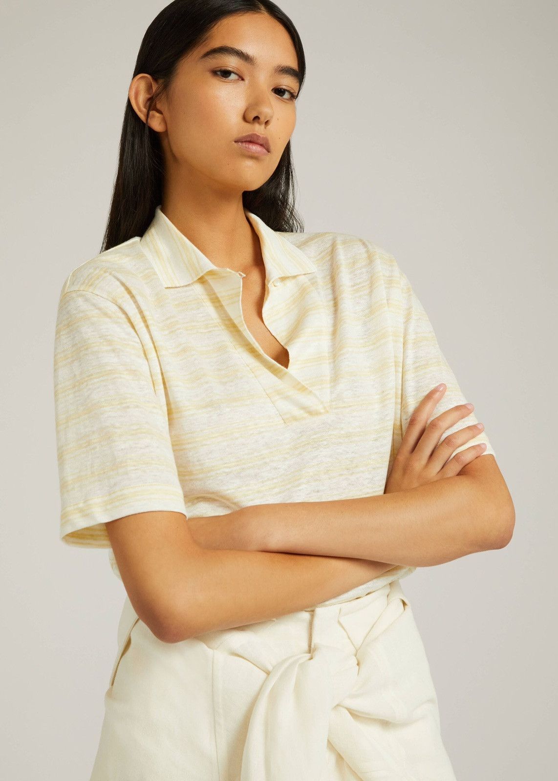 Loro Piana o1srvl11e1224 Open Neck Polo Shirt in White & Yellow Size XS / US 0-2 / IT 36-38 - 4 Thumbnail