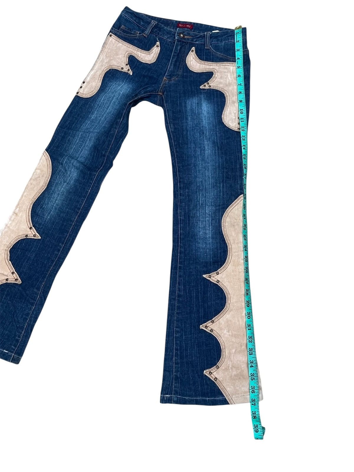 Japanese Brand 💥 LEATHER PATCHWORK FLARED 💥 HIT IT OFF Jeans Size US 27 - 16 Thumbnail