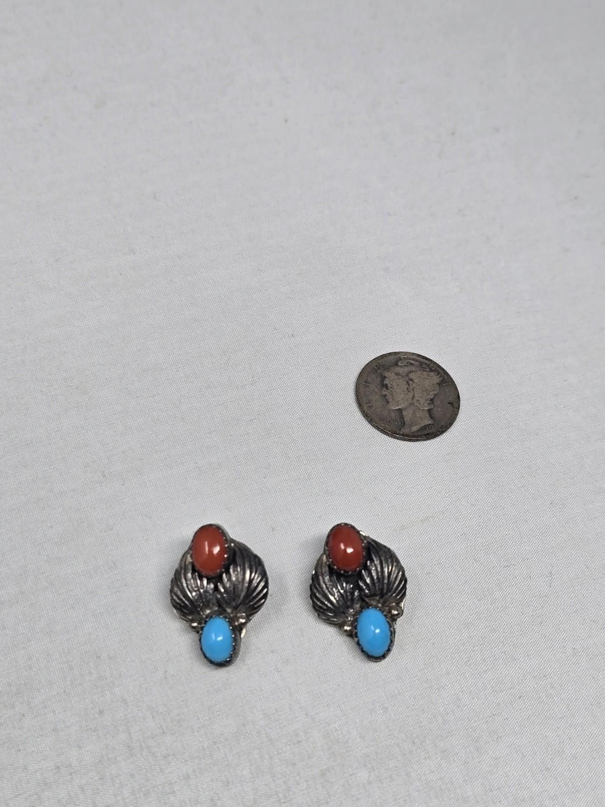 Other Sterling Silver Turquoise Coral Clip Earrings Vintage Size ONE SIZE - 4 Thumbnail